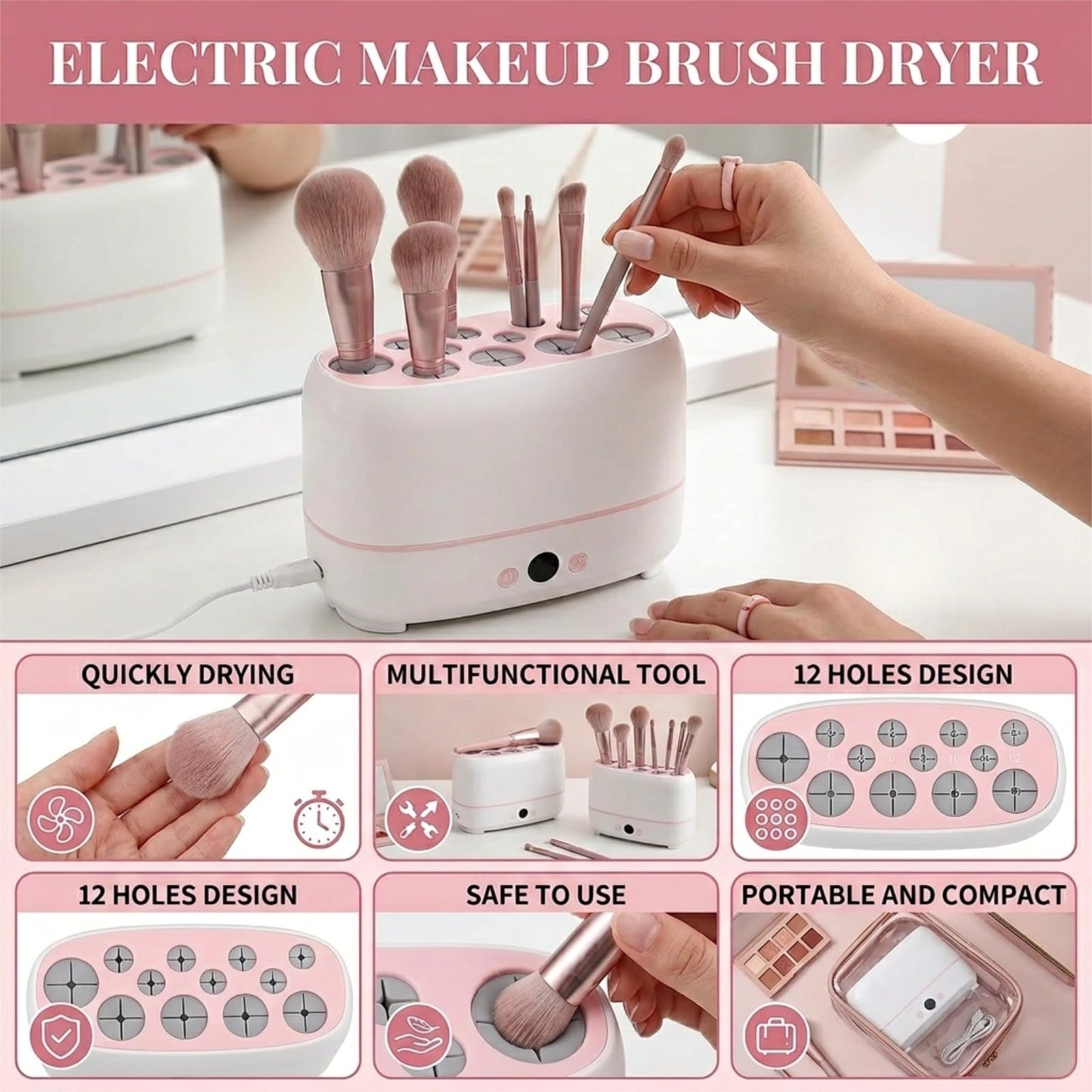 BONKZEBU Electric Makeup Brush Dryer Machine 12 Holes Automatic Brush Cleaner and Drying Tool for Professional Salon and Home Use Quickly Drying Cosmetic Brush Cleaner Dryer