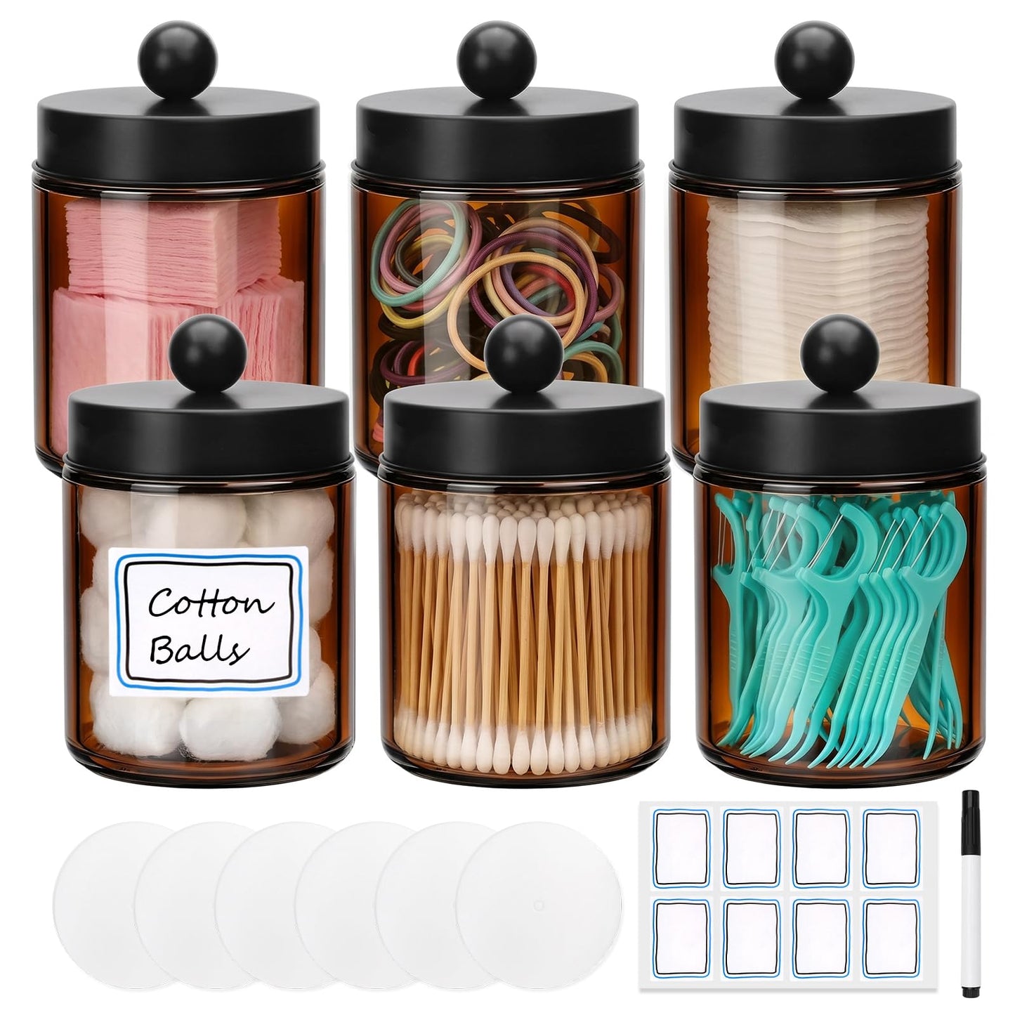 Accguan Amber Apothecary Jars Bathroom Vanity Storage Organizer Set, 6 Pack with Black Stainless Steel Lids and Labels, Qtip Dispenser Holder for Cotton Swabs, Cotton Balls, Makeup Sponges