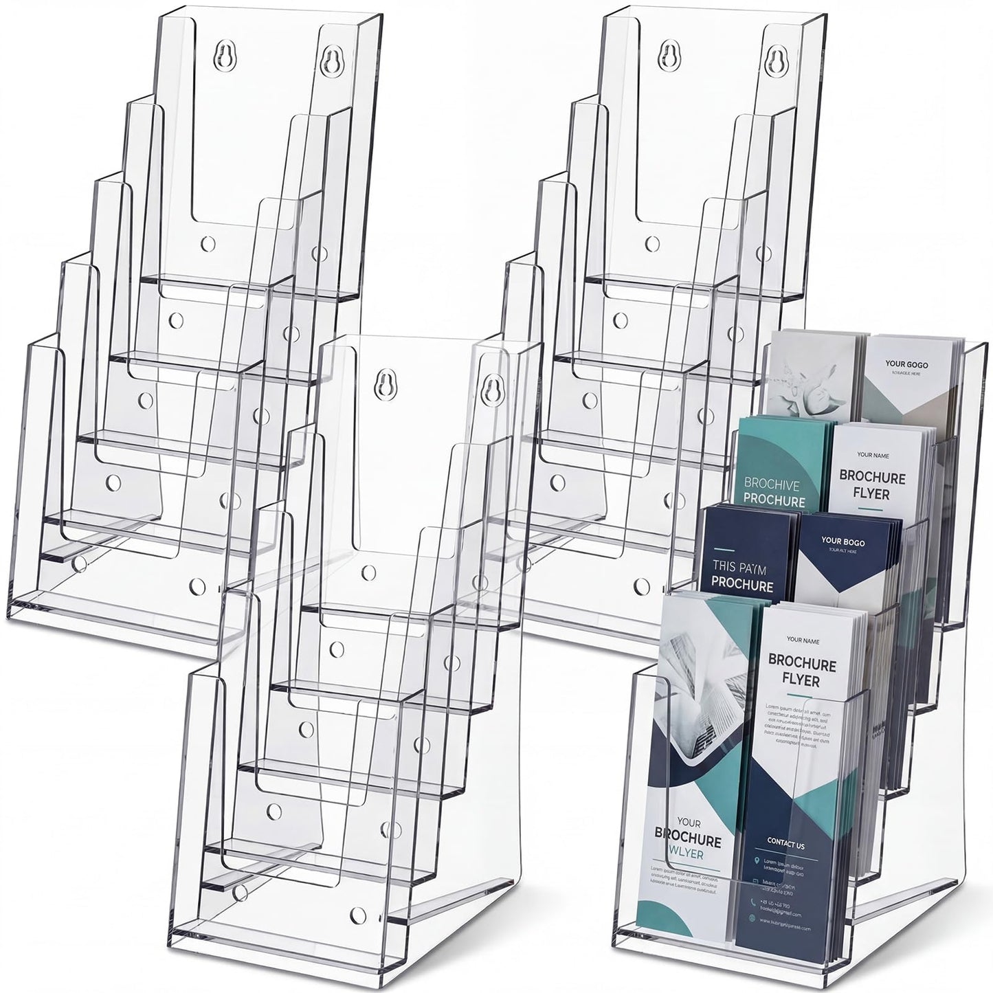 ForraFun 4 Pcs 5 Tier Acrylic Brochure Holder, 4 Inch Clear Brochure Display Stand Multi Pocket Pamphlet Holder Literature Rack Organizer Wall Mount or Countertop