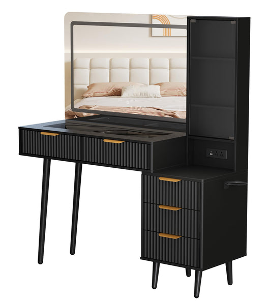 GarveeTech 48" Makeup Vanity Table, with 5 Drawers & 3-Tier Shelves, Fluted Vanity Desk with 36" Lighted Mirror, Charging Station, Wood Dressing Table with Glass Top, for Bedroom