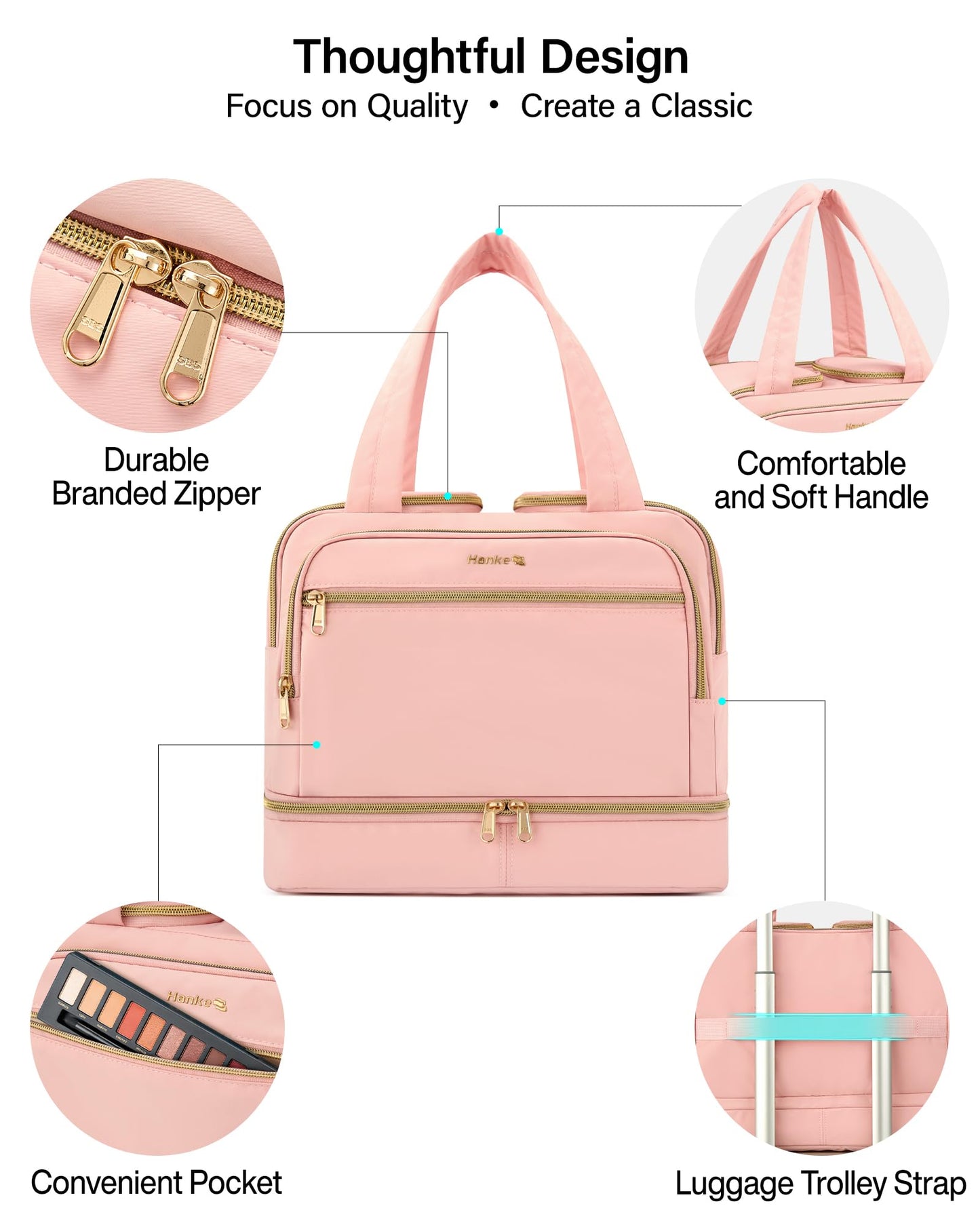 Hanke Travel Toiletry Bag, Lightweight Wide-open Large Toiletry Bags for Women, Dual-Layer Makeup Bag Water-Resistant Cosmetic Travel Bag with Handle for Accessories, Essentials, Pink