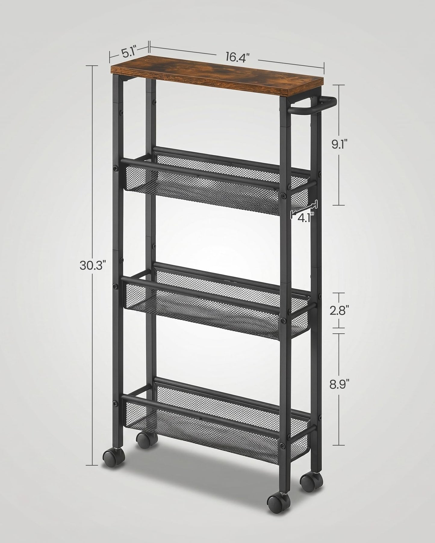 SONGMICS HOME Slim Rolling Cart, 4-Tier Storage Cart with Wheels and Handle, Narrow Utility Cart for Kitchen, Living Room, Brown and Black