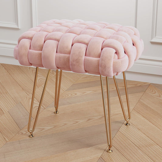 Sefulei Upholstered Velvet Vanity Stool, Hand-Woven Makeup Vanity Chair with Gold Metal Legs, Modern Foot Stool Ottoman for Living Room Bedroom, Easy Assembly (Pink)