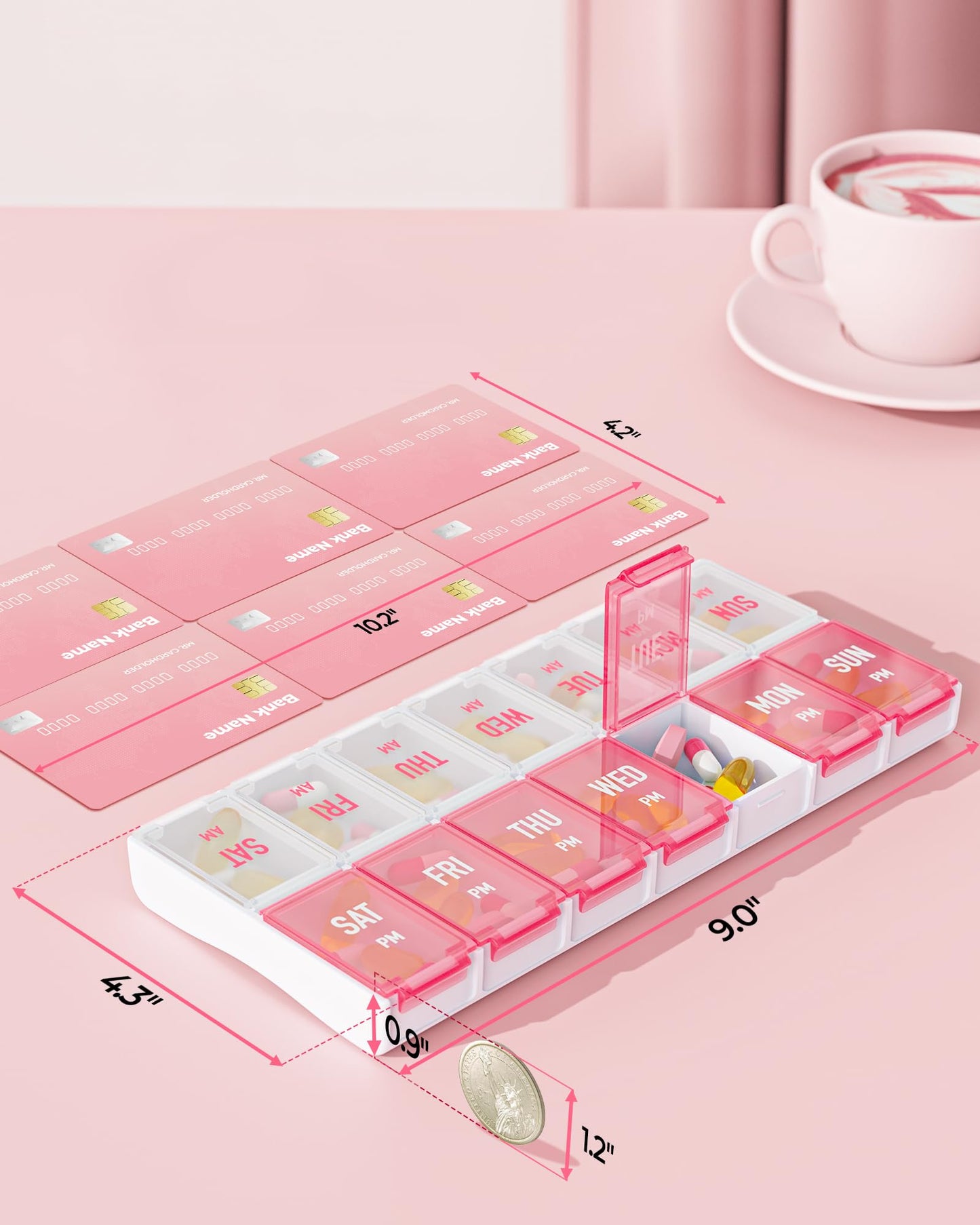 AMOOS Weekly Pill Organizer 2 Times a Day, Stylish Pill Box 7 Day AM PM with Large Compartments, Pill Case Easy to Use, BPA-Free Pill Container for Vitamins, Fish Oils, Supplements, Medicines, Pink