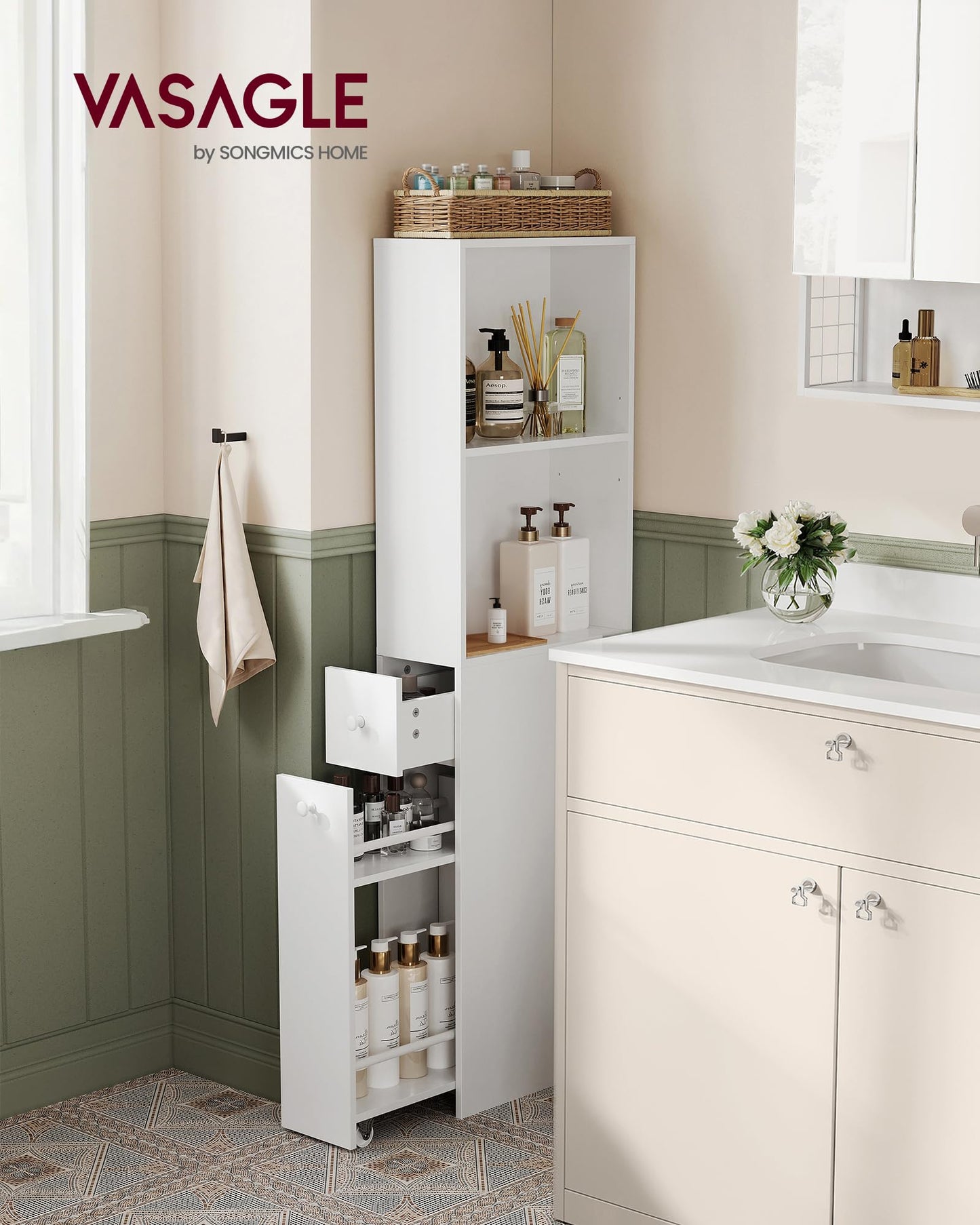 VASAGLE Slim Bathroom Storage Cabinet, Narrow Freestanding Cabinet with Storage Drawers and Adjustable Shelf, for Small Spaces, Modern Style, Cloud White UBBK567T14S