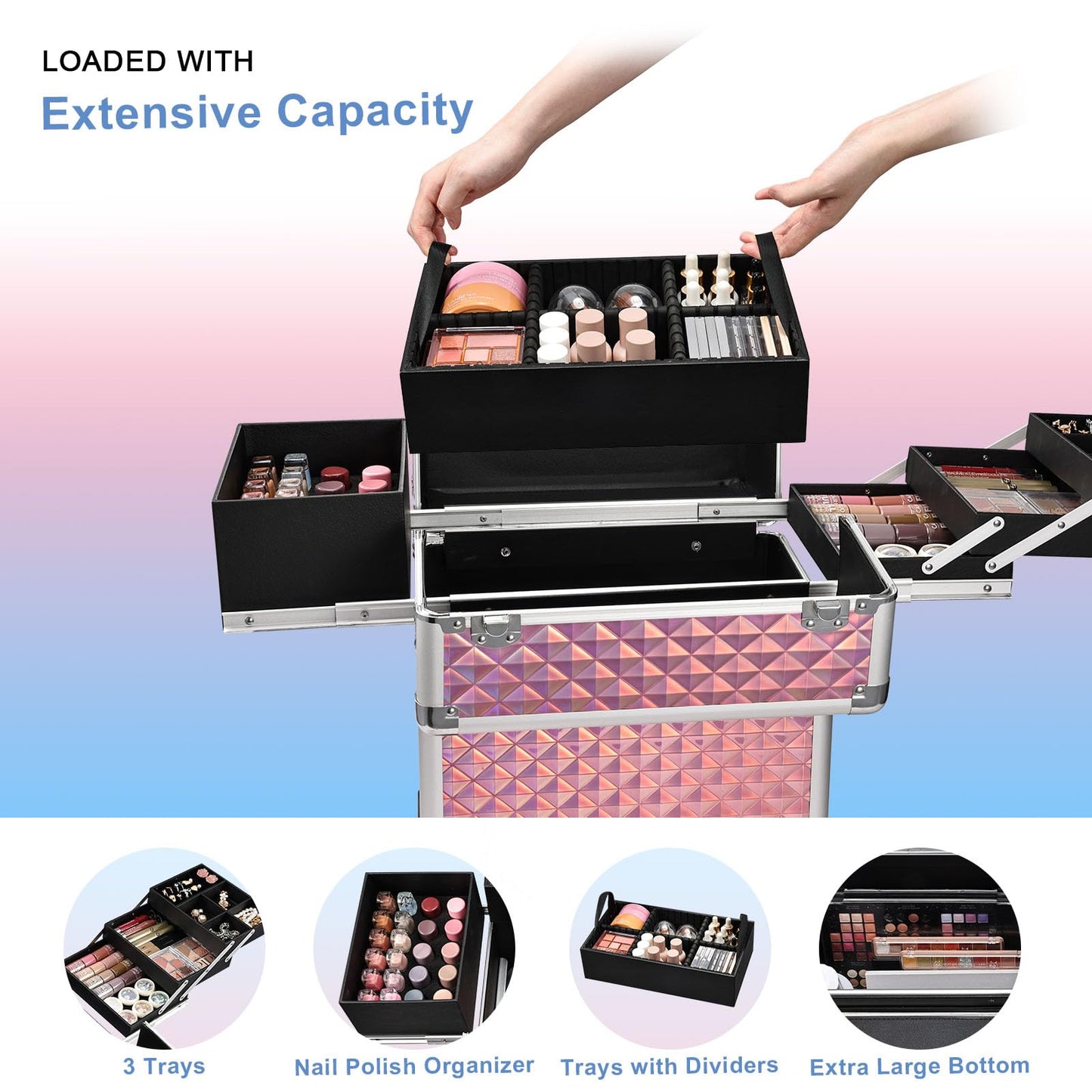 Stagiant Rolling Makeup Train Case Cosmetology Case on Wheels Travel Cosmetic Suitcase Trolley Makeup Luggage Storage Box 4 Tray with Lock Middle Layer Salon Nail Tech Cart Traveling Tattoo Case Pink