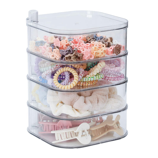 FABROK 4-Layer Girls Hair Tie Organizer, Rotating Hair Accessories Storage Holder for Vanity and Bathroom, Clear Plastic Container for Women Makeup Tools, Skincare Products