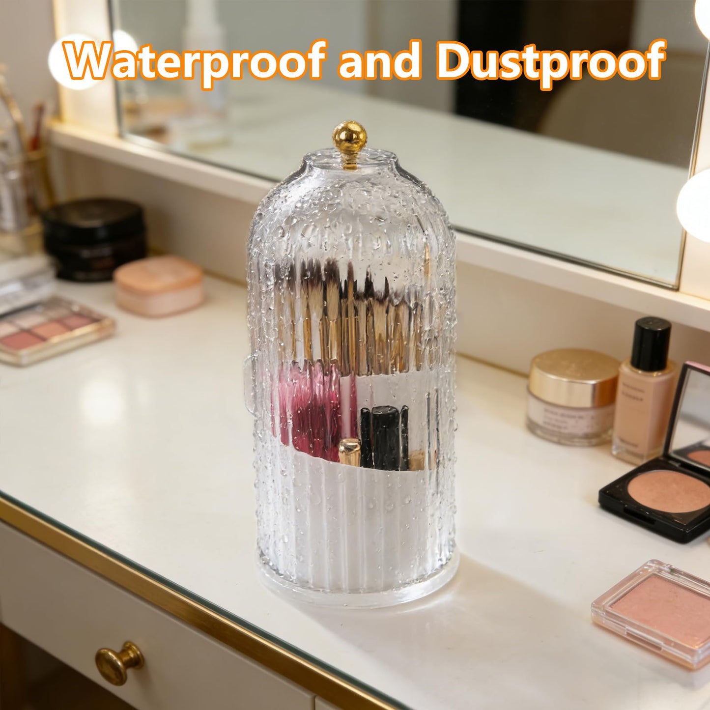 Zoyiancy Makeup Brush Holder with Lid, 360 Rotating Waterproof Dustproof Beauty Brushes Storage, Skincare Cosmetic Tools Storage Organizer for Vanity Desktop Bathroom Countertop（Transparent）