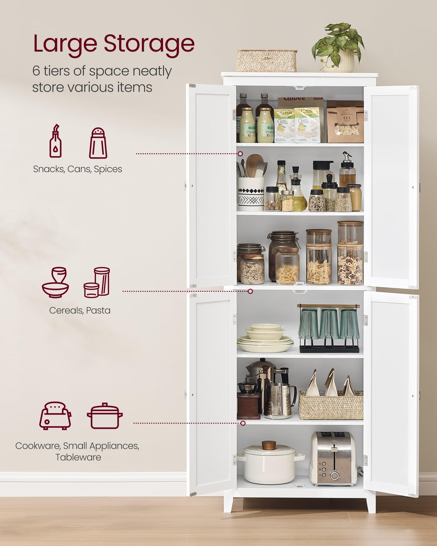 VASAGLE Floor Storage Cabinet, Freestanding Storage Unit with 4 Doors, Adjustable Shelves, 11.8 x 23.6 x 66.9 Inches, for Entryway, Bathroom, Cloud White UBBC550W01