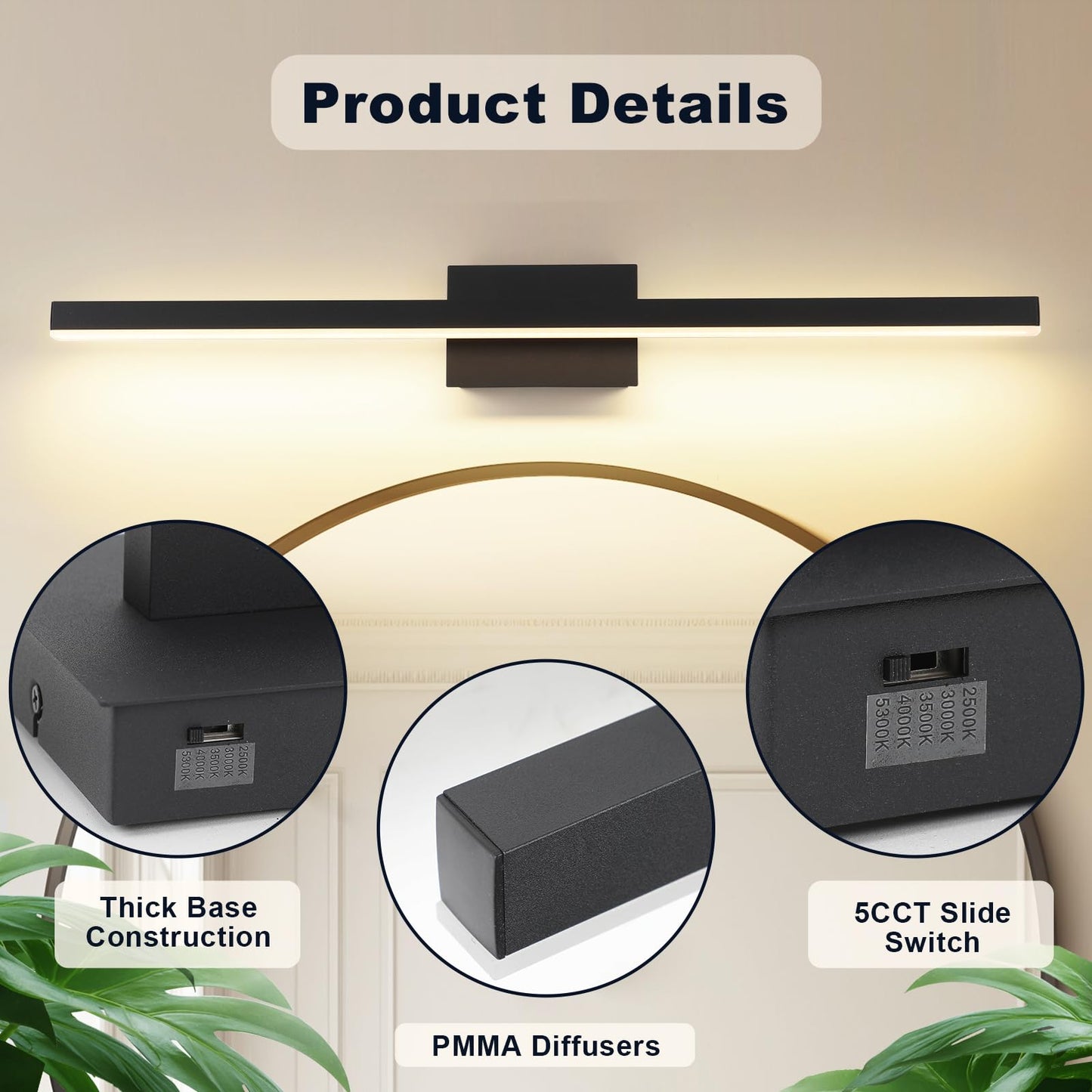 Joossnwell Bathroom Vanity Light Black Dimmable 5CCT Bathroom Lighting FIixtures Over Mirror 39.37 Inch Modern Vanity Light bar Led Bath Light ETL Certificated