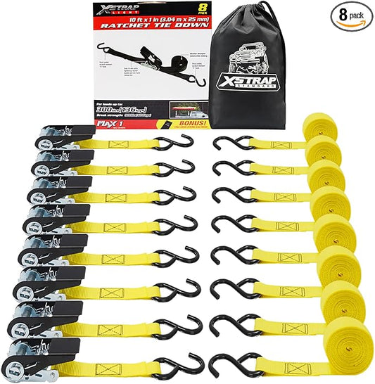 XSTRAP STANDARD Ratchet Straps, 8-Pack 1" x 10FT Ratchet Tie Down Straps Set, 900 LBS Break Strength Logistic Cargo Straps for Motorcycle, Move Appliances, Lawn Equipment, Trucks (Yellow)