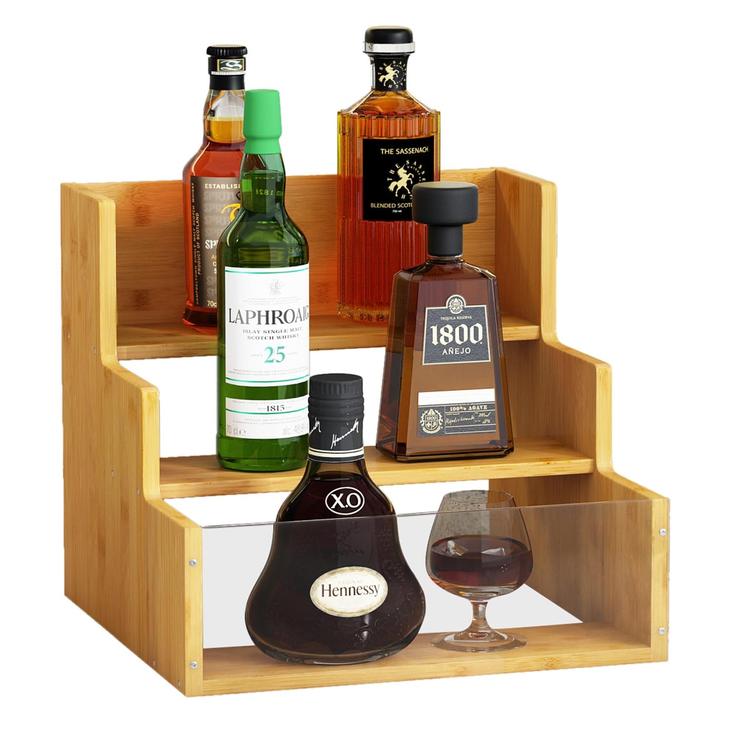 AEEHFENG Liquor Bottle Display Shelf Bar Shelves - Bamboo 12 Bottle Syrup Rack for Coffee Bar, Wine Bottle, Spices, Liquor and Whiskey Bottle Display