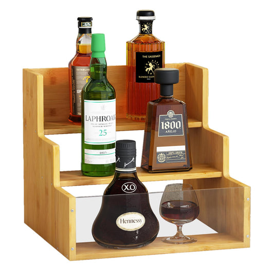 AEEHFENG Liquor Bottle Display Shelf Bar Shelves - Bamboo 12 Bottle Syrup Rack for Coffee Bar, Wine Bottle, Spices, Liquor and Whiskey Bottle Display