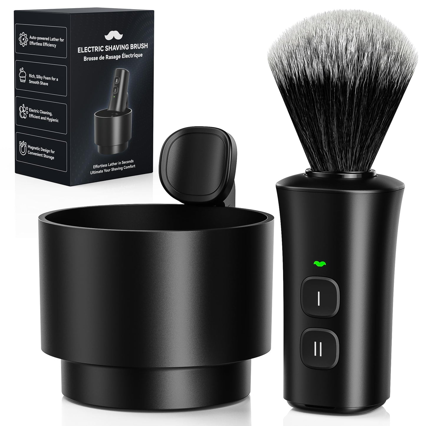 KAUGIC Electric Shaving Brush with Bowl, 2 Pack, Fast Spin-Drying, Synthetic Bristles,deep black
