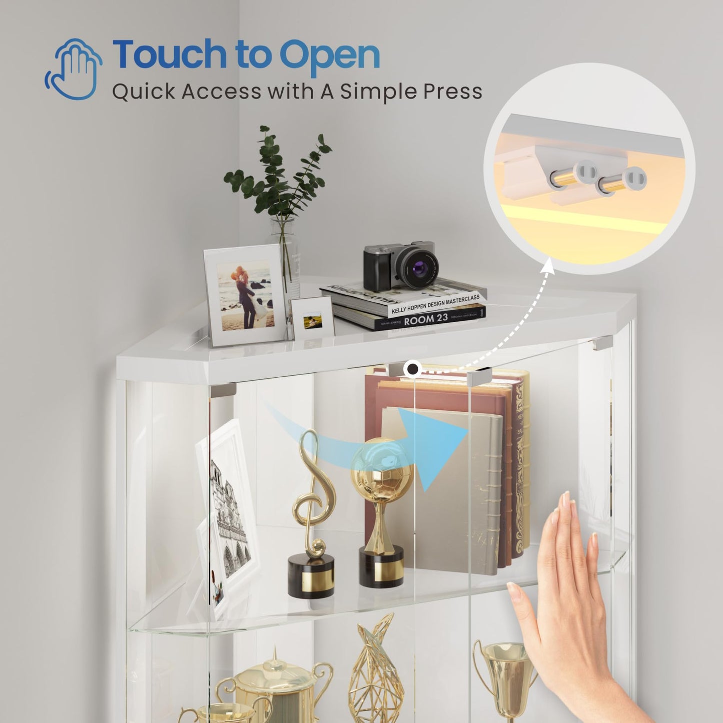 HNEBC Corner Display Cabinet with - RGB Lights and Glass Shelves,5-Tier Showcase Display Case with Glass Doors & Human Body Sensor,69" Corner Curio Cabinet for Collectibles/Toys,Storage Cabinet（White）