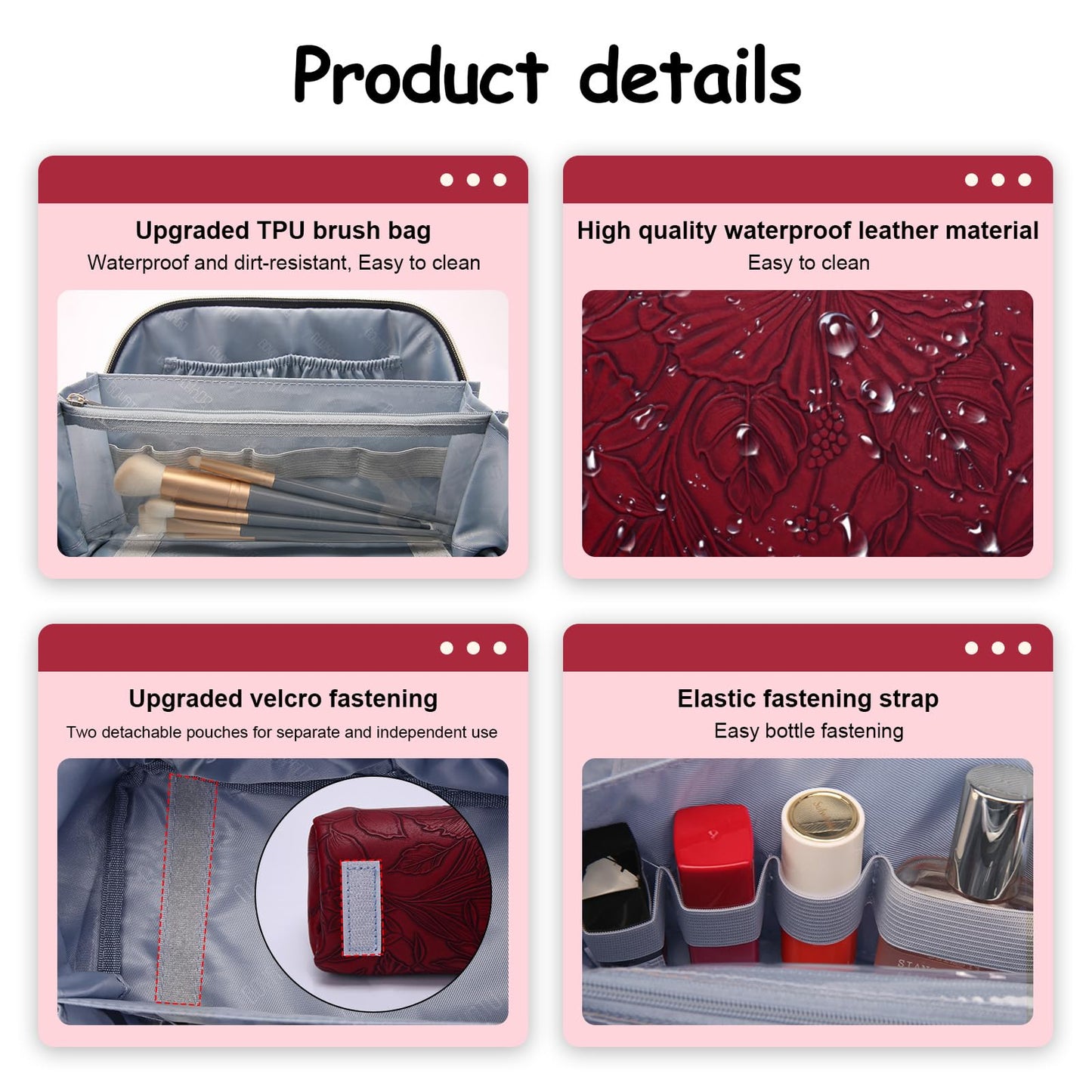 BOYATU Travel Makeup Bags Cosmetic Organizer Bag: 3-Set Large Capacity Make up Bag - PU Leather Toiletry Bags for Women - Wide Open Portable Pouch with Divider & Handle (02-Dark Red)