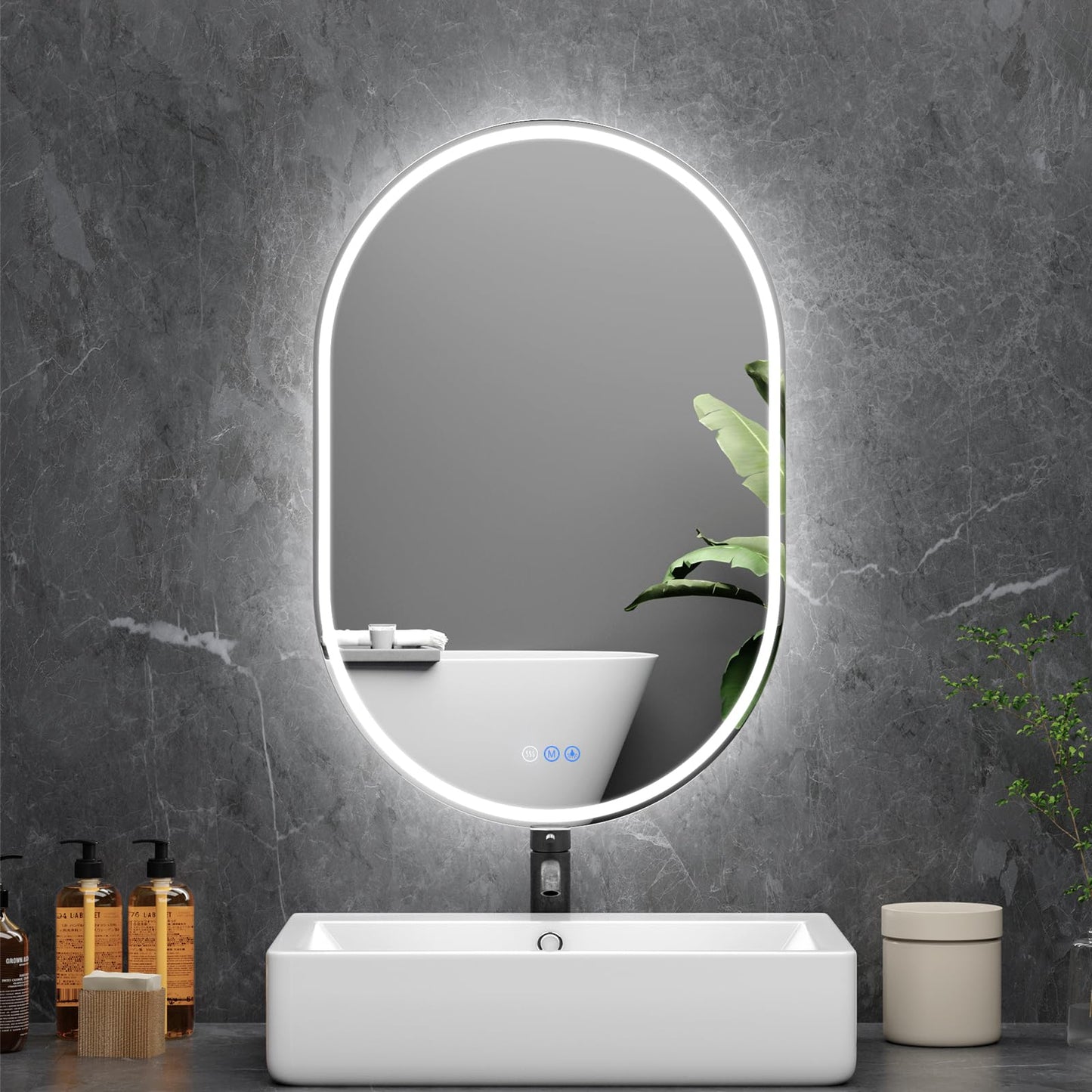 WISSMIELS Oval LED Bathroom Mirror, 24"x 36" Frameless LED Mirror with Front Light and Backlit, Anti-Fog, Dimmable Modern Wall Mounted Lighted Mirror, Pill-Shaped Smart Mirror Bathroom