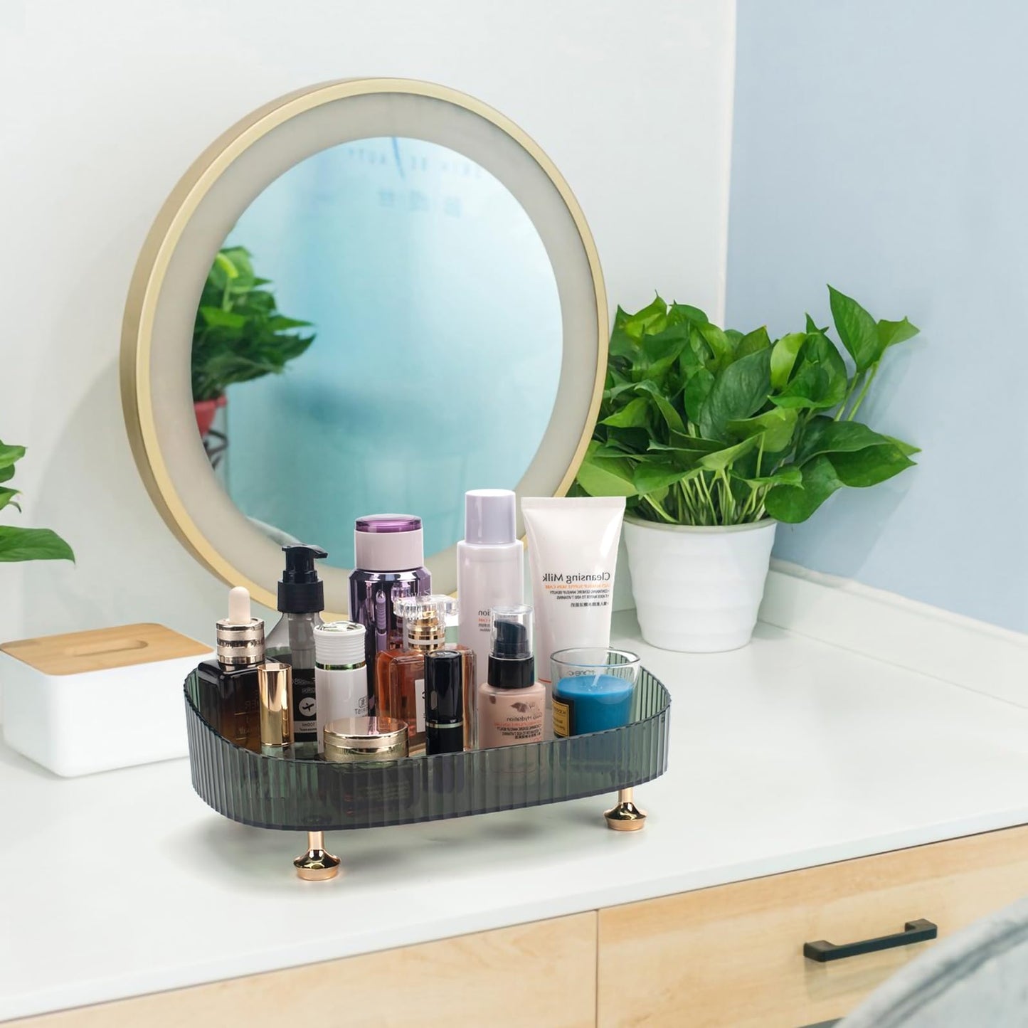 CESTATIVO Makeup Perfume Organizer, Bathroom Vanity Tray, Decorative Dresser Tray, Countertop Organizer Tray for Cosmetics, Dark Green