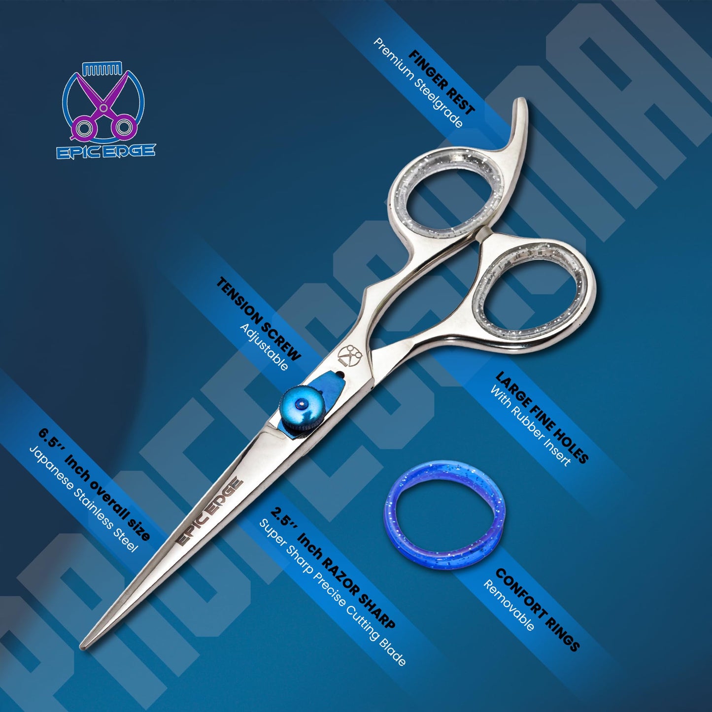 Hair Cutting Scissors – 6.5” Japanese Stainless Steel Professional Hair Scissors for Men and Women with Blue Tension Screw, Comb, Finger Rings, Cloth – Hair Shears for Man Woman Adults Kids Babies
