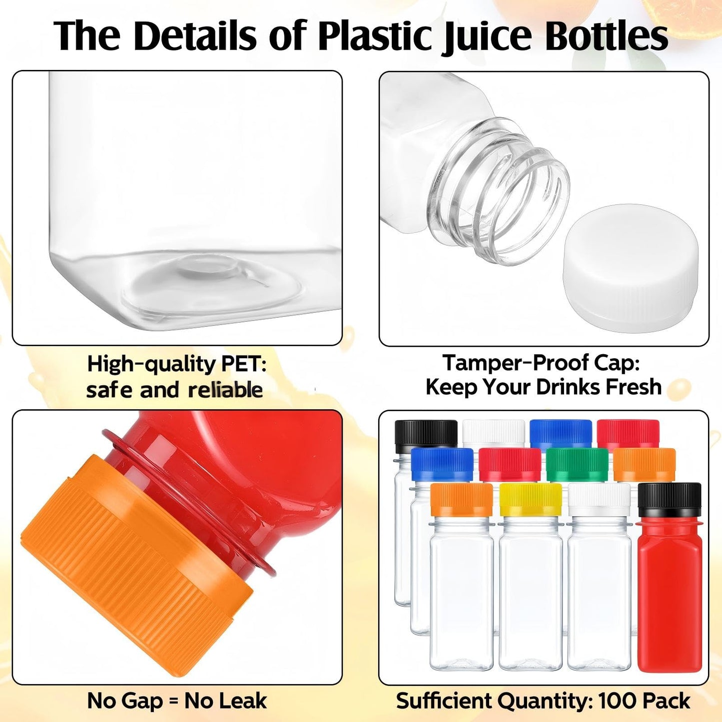 Roshtia 100 Pcs 2oz Small Clear Plastic Juice Bottles with Lid for Liquids Reusable Ginger Shots Bottle Vial Beverage Container Leak Proof Mini Jars for Juice, Milk, Water (Mixed Color)