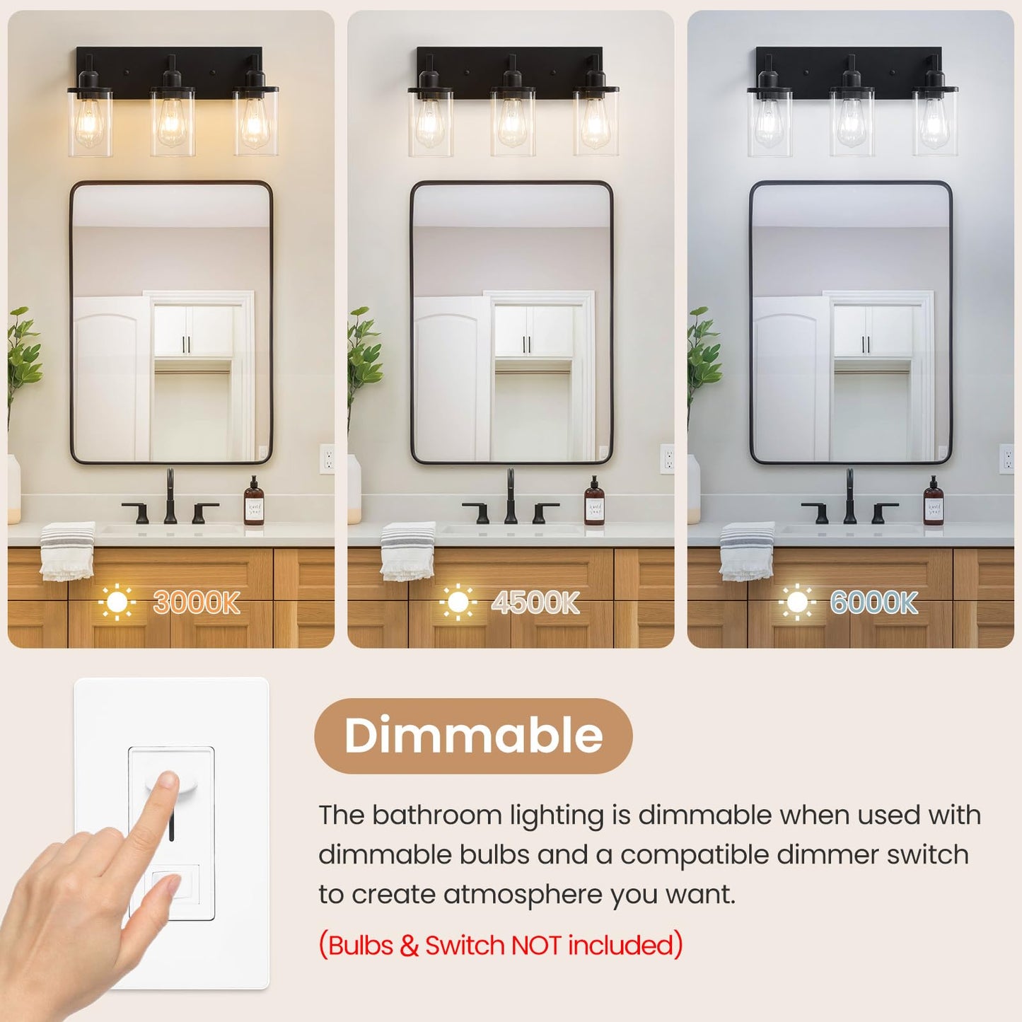Ablwigh 3-Light Bathroom Vanity Light Fixtures, Modern Matte Black Bathroom Lighting Fixtures Over Mirror with Square Clear Glass Shades, Bath Wall Sconce Lights for Dressing Table, Bedroom, Hallway