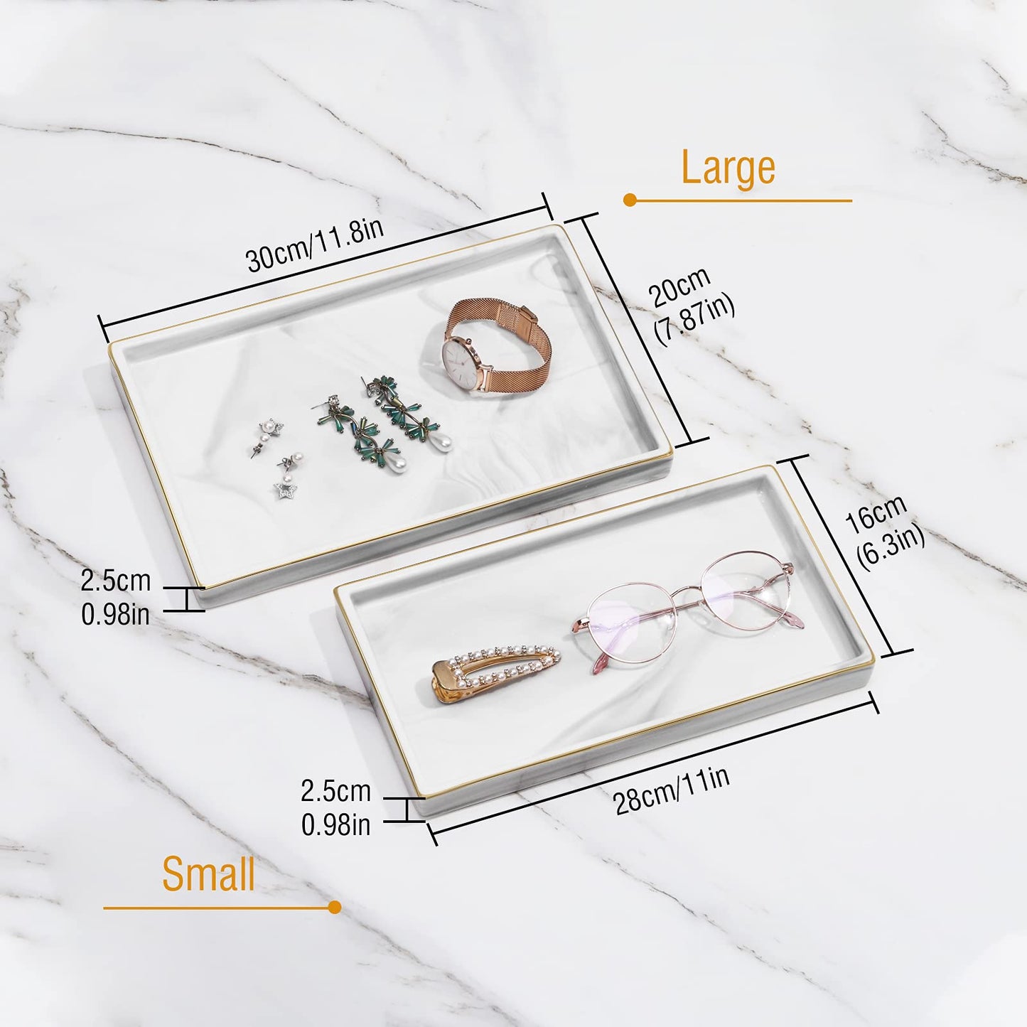 Shinowa Ceramic Vanity Tray, Bathroom Counter Tray Marble Finish Perfume Tray Rectangle Decorative Tray for Vanity Dresser Bathroom Countertop Living Room Kitchen, Large Size - Marble White