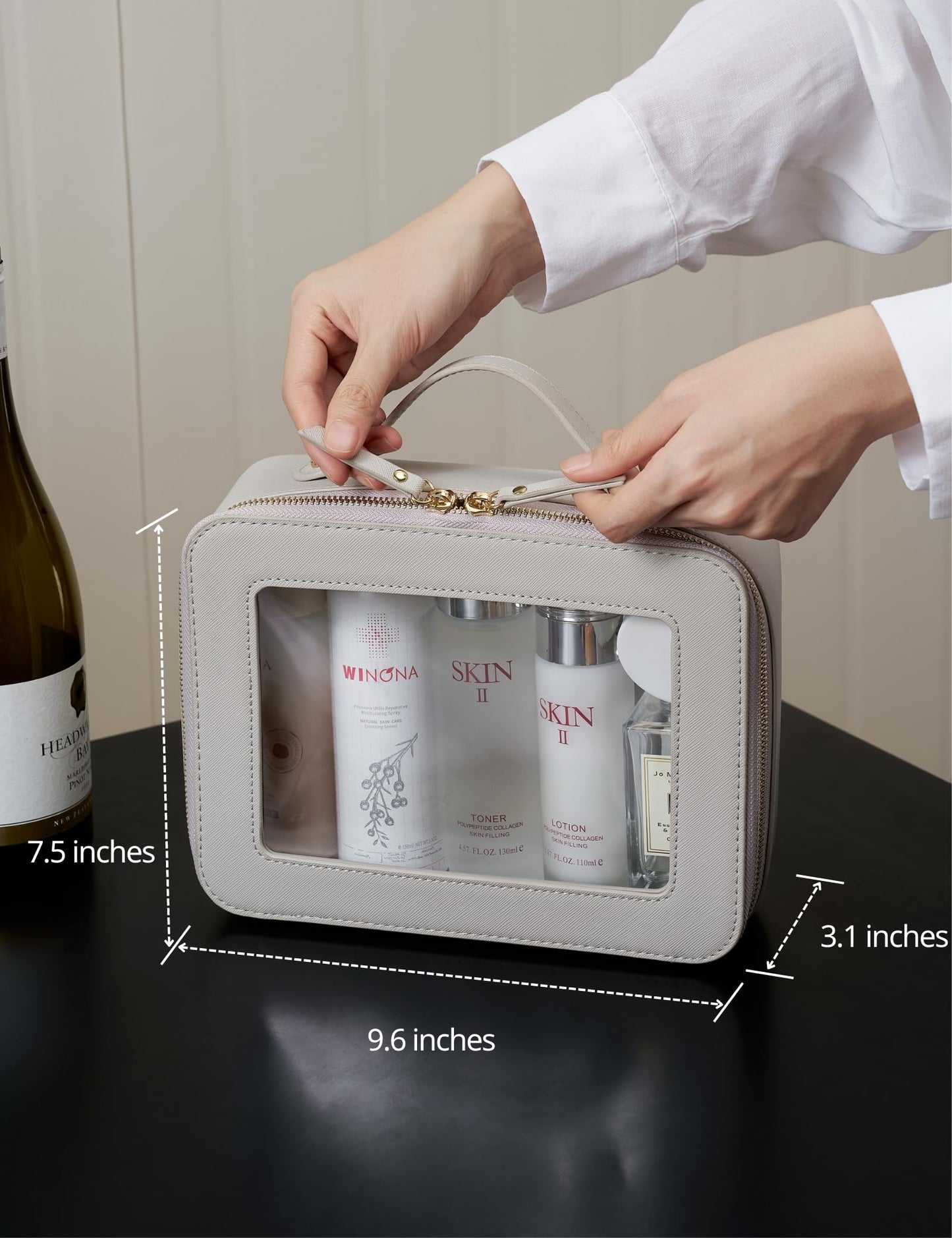 Popvibe Clear Makeup Bag Toiletry Case Travel Transparent Cosmetic Bag with Zipper, Portable Make Up Organizer Traveling Compact Car Bag for Essentials, Beige Grey