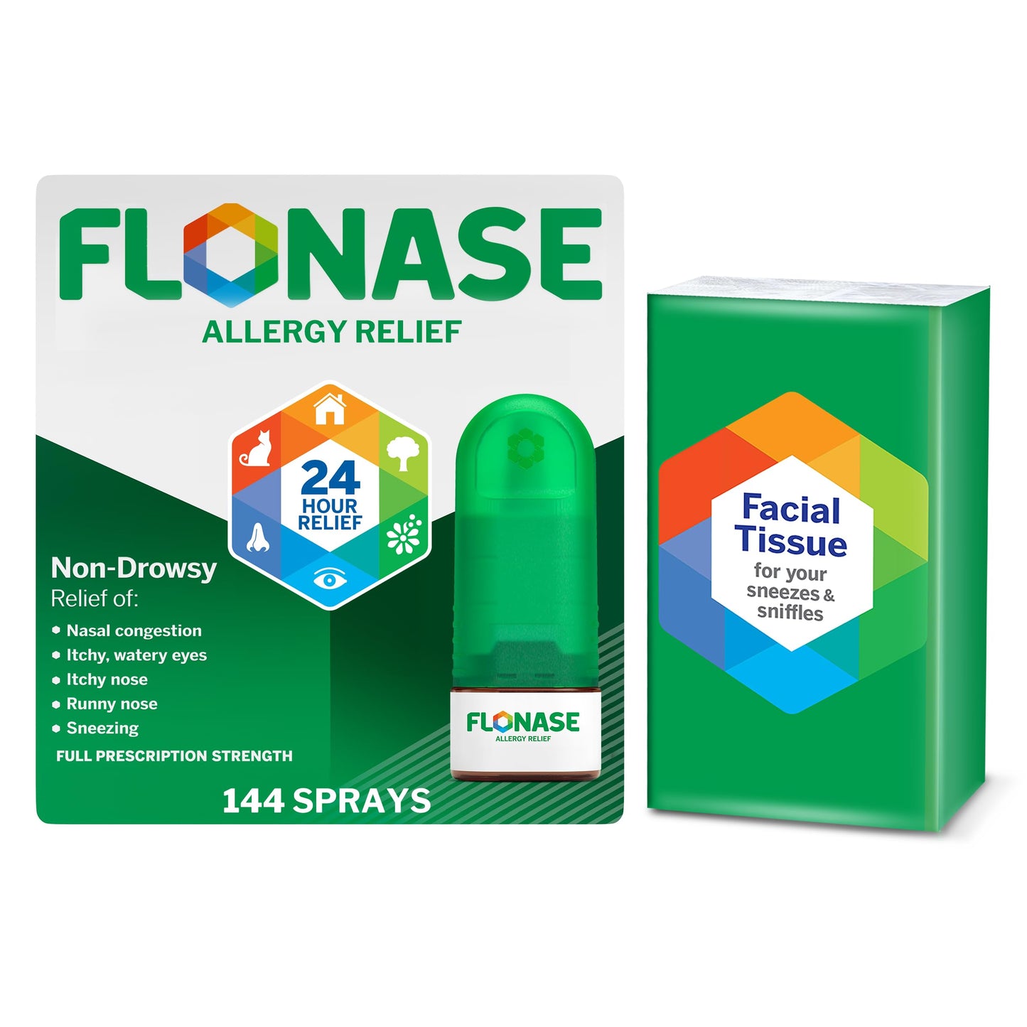 Flonase Allergy Relief Nasal Spray Fluticasone Propionate, 24-Hour Non-Drowsy Multi-Symptom Relief 144 Sprays, Bonus Pack of Tissues