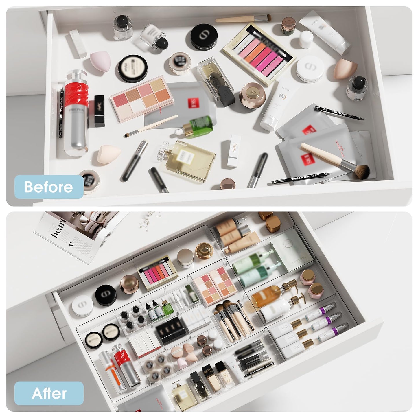 MIUOPUR Expandable Drawer Organizer, Width (10.6"-20.1") Depth (11"-20.1"), Clear Makeup Drawer Organizer with 6 Removable Dividers, Silverware Organizer, Great for kitchen and Bathroom Drawers