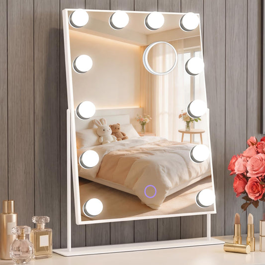 Amifiy Hollywood Vanity Mirror with Lights 14" x 19", 10x Magnifying, 12 LED Bulbs, 3 Color Lights and 360° Rotation Desk Lighted Makeup Mirror for Bedroom Dresser College Dorm