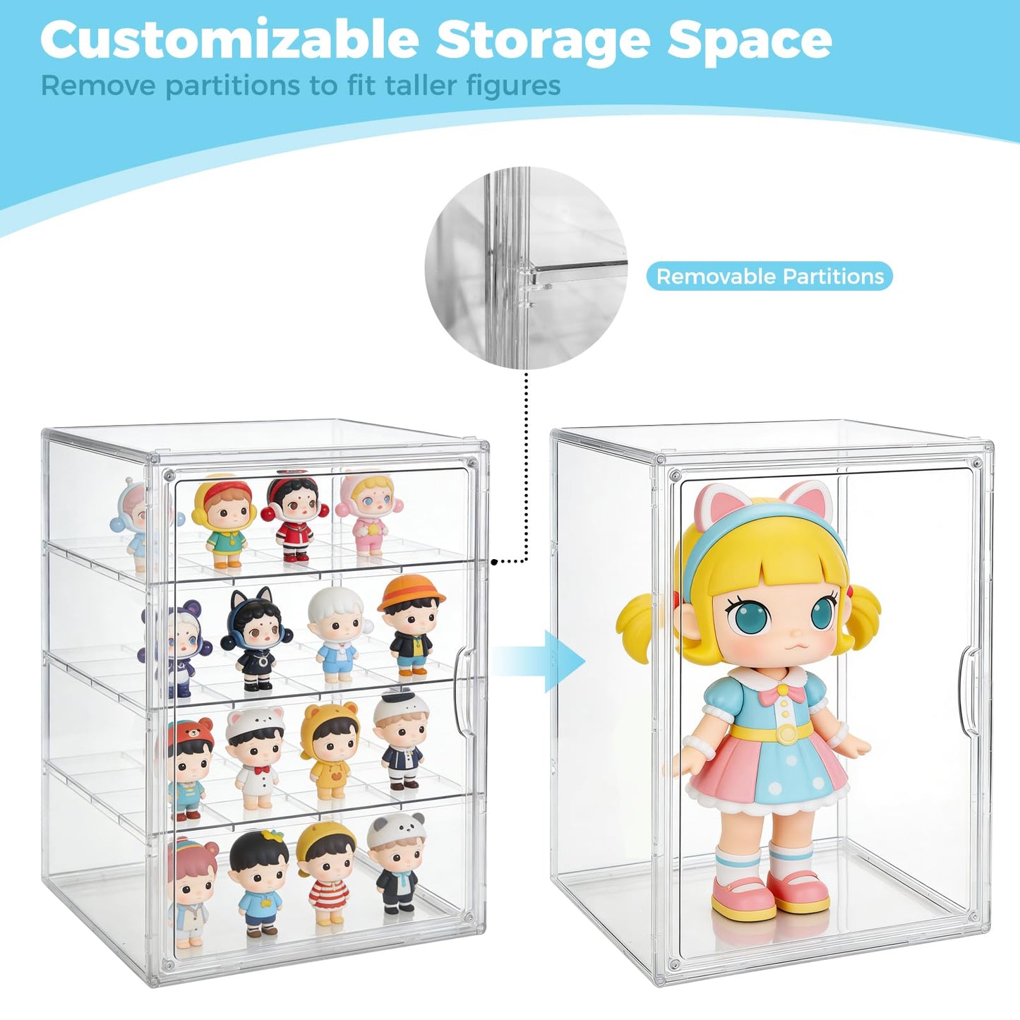 Extra Large 15.7'' Tall Acrylic Display Case with 3 Removable Dividers, Stackable Clear Action Figure Showcase with Magnetic Door, Large Storage Box for LEGO, Dioramas, Books & Collectibles