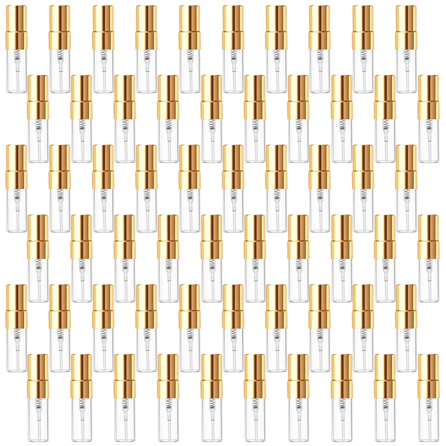 Dimeho 60 Pcs 3ml Fine Mist Atomizer Empty Glass Spray Bottle Refillable Perfume Travel Bottles Clear Portable Sample Containers with Gold Lids for Cleaning Essential Oils Makeup Liquid DIY Party