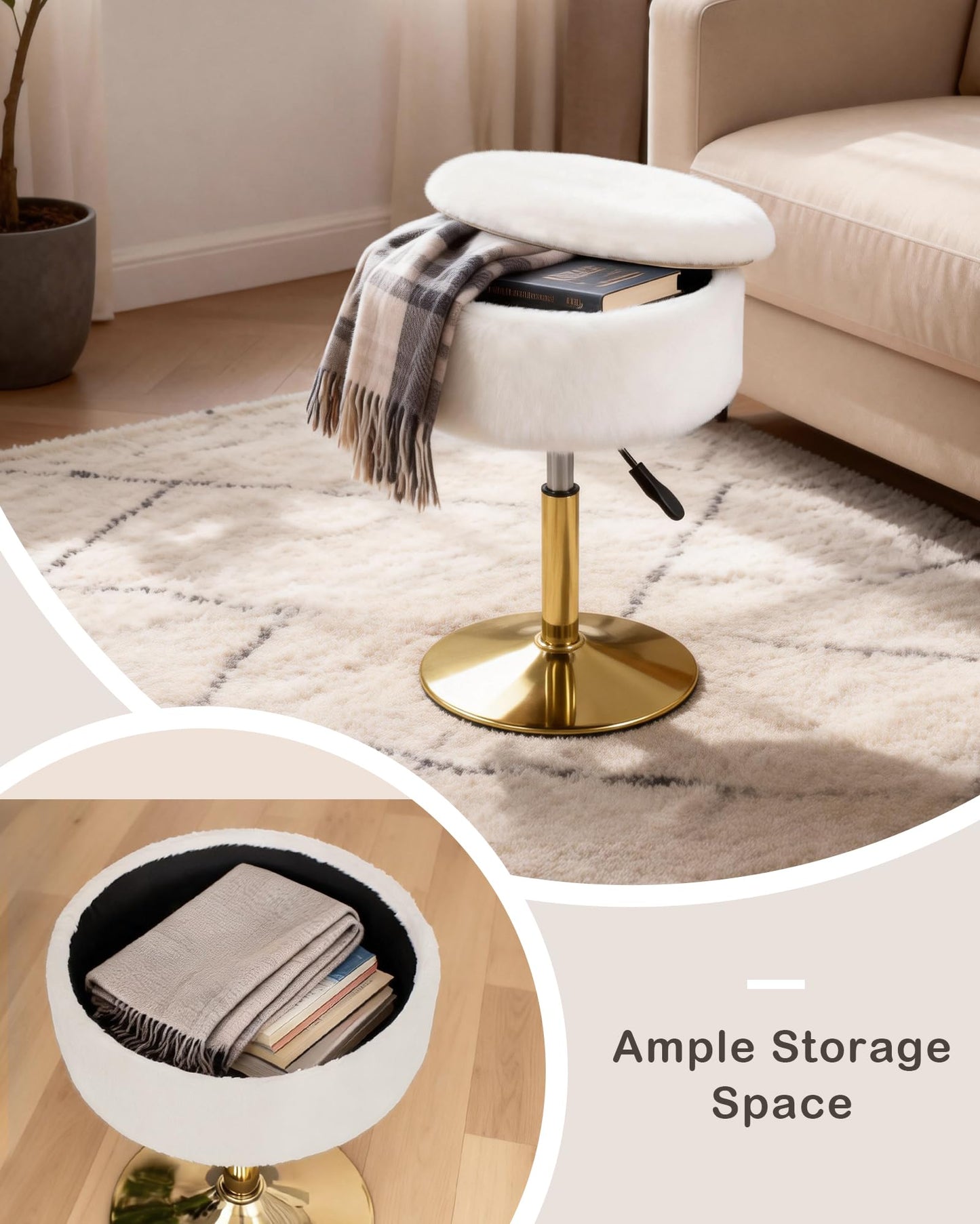 LITZFUR Adjustable Vanity Stool with Storage, 360° Swivel Gold Chair, Faux Fur Small Round Ottoman Footrest for Bathroom, Makeup Room, White