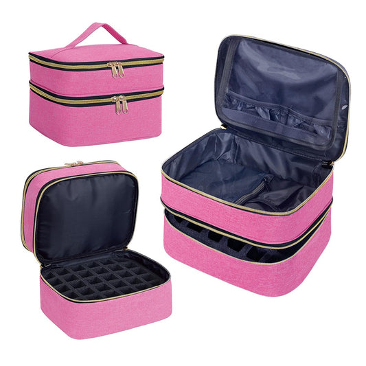 YAHOURWAT Nail Polish Organizer Bag Double Layer Capacity Portable Travel Storage Case Holds 30 Bottles (15 ml/0.51 floz) Nail Supplies Holder Bag Designed for Nail Tools Rose Red