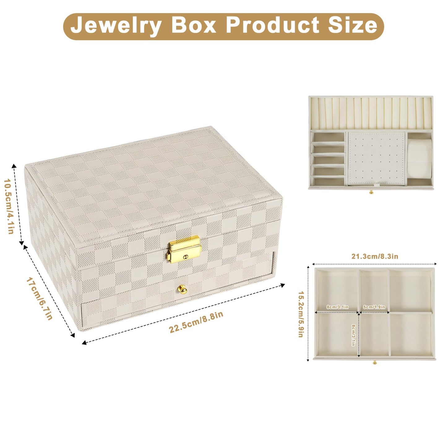 GUOER Jewelry Box for Women Girl Wife - Large PU Leather Jewelry Organizer Storage Case with Two Layers Display for Earrings Bracelets Rings Watches (Light Khaki)