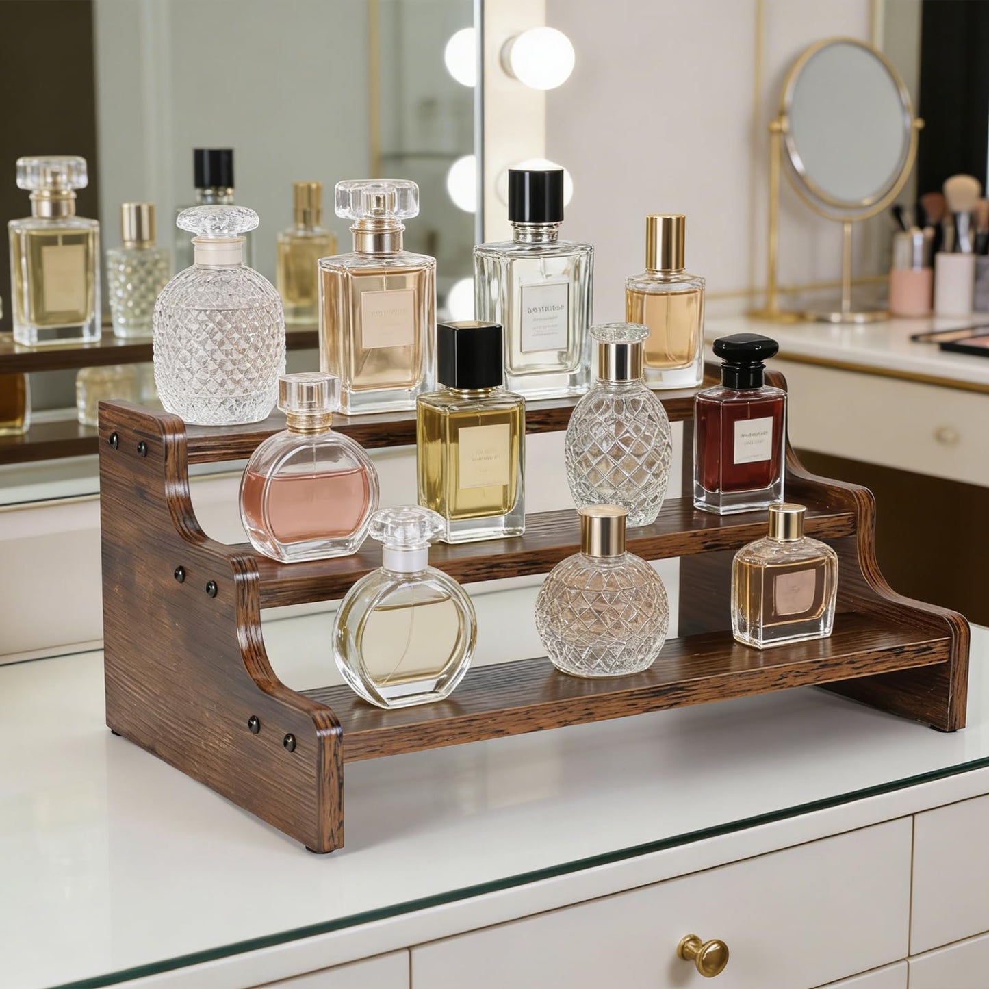 Cologne Organizer for Men, 3-Tier Wooden Perfume Organizer, Retro Style Makeup Organizer, Display Stand for Party, Makeup, Figures, Cupcake, Perfume, Dessert, Rounded Corner Anti-Collision, 13.8 in