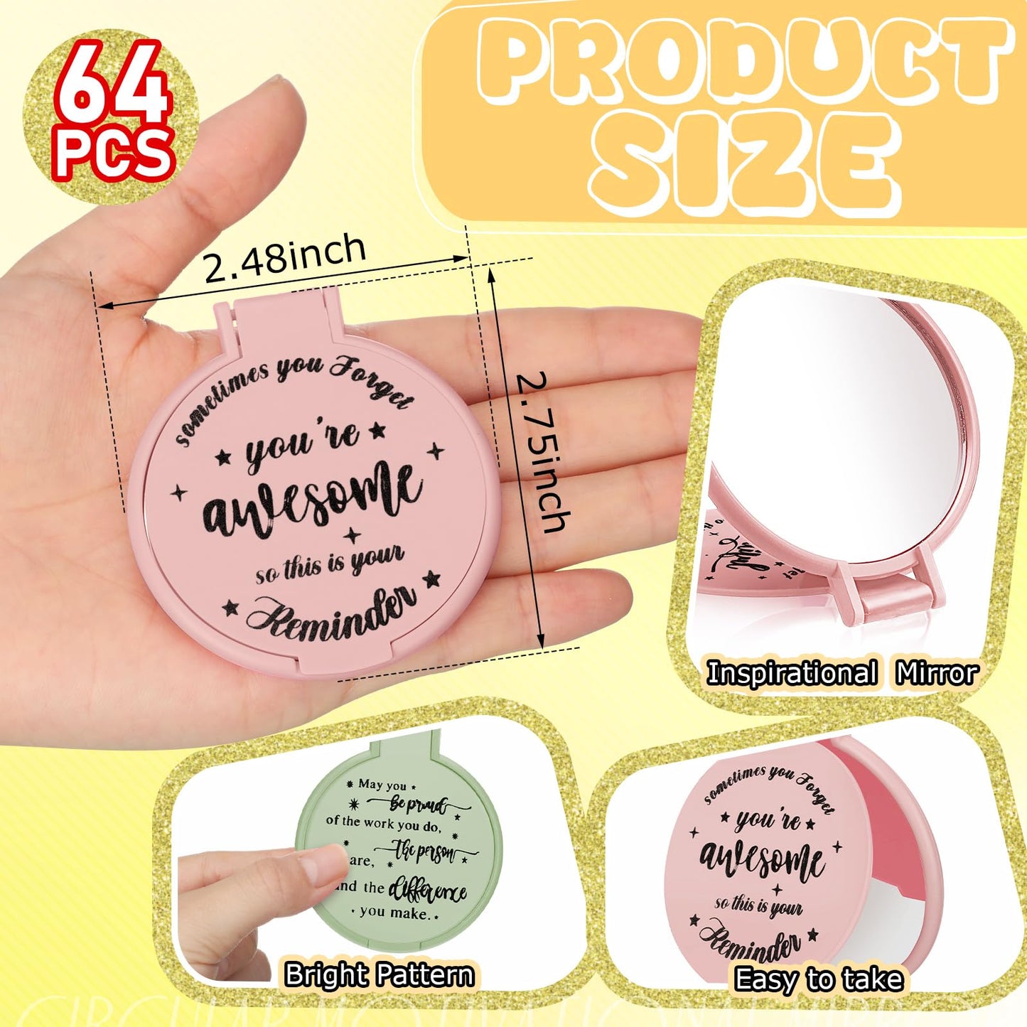 Wenqik 64 Pcs Inspirational Mini Compact Mirrors Bulk, Women Small Gifts Bulk, Group Team Party Favors, Mini Pocket Purse Mirror for Travel, Client, Guest, Wedding, Birthday, Cheerleader (Soft Pastel)