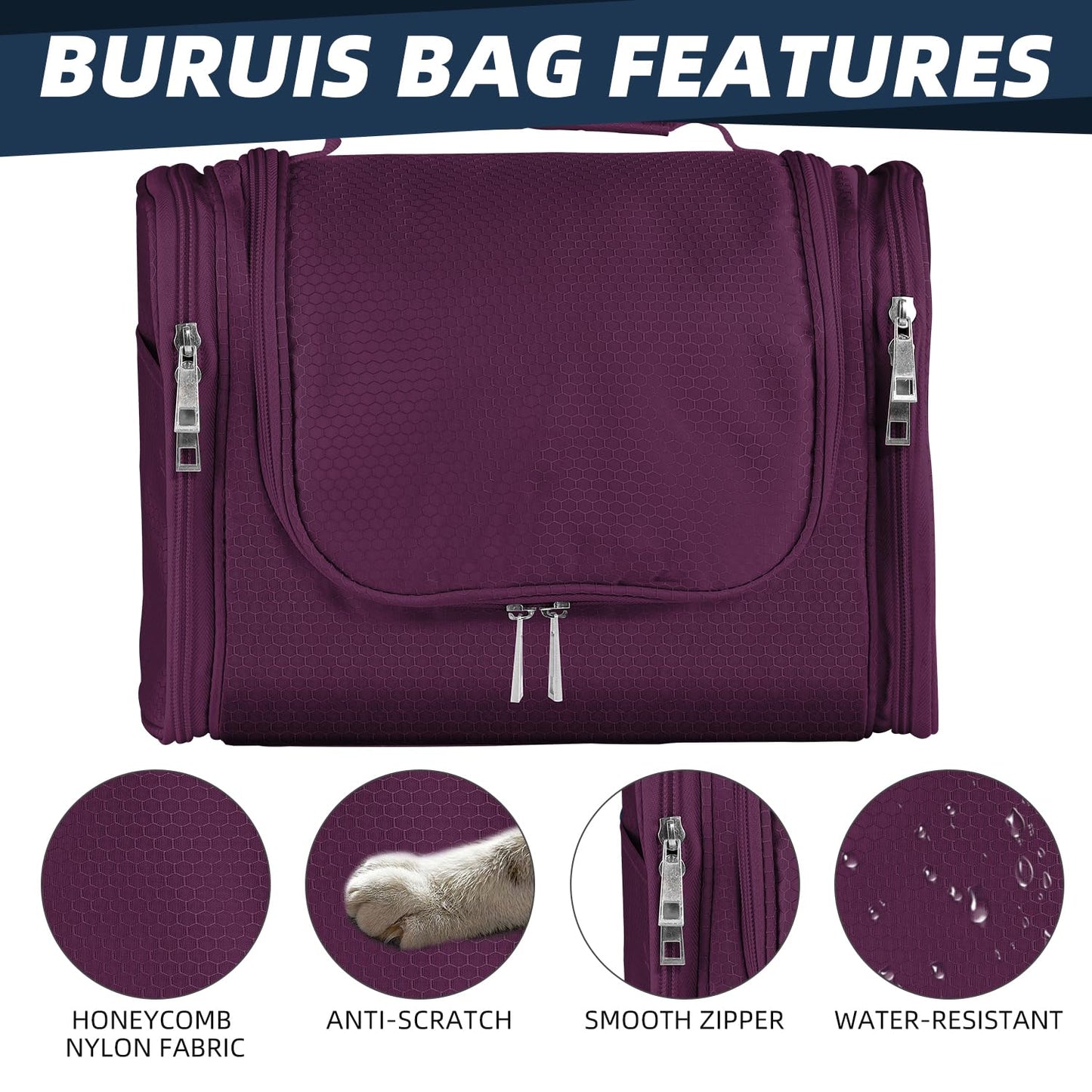 Buruis Hanging Toiletry Bag for Women and Men, Large Water-Resistant Makeup Organizer with Sturdy Hook, Lightweight Nylon Dopp Kit for Full-Sized Toiletries & Cosmetics, Purple