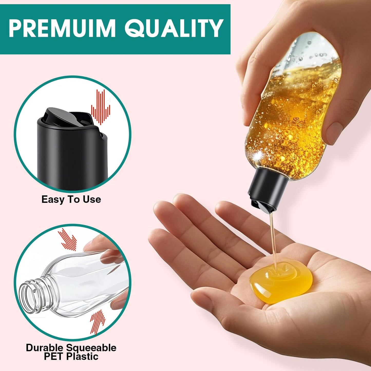 DPLASKA 6Pcs 8 oz Clear Plastic Refillable Travel Shampoo and Conditioner Bottles with Black Disc Top Caps，Squeeze Empty Bottles Cosmetic Containers for Lotions, Body Soap Cream
