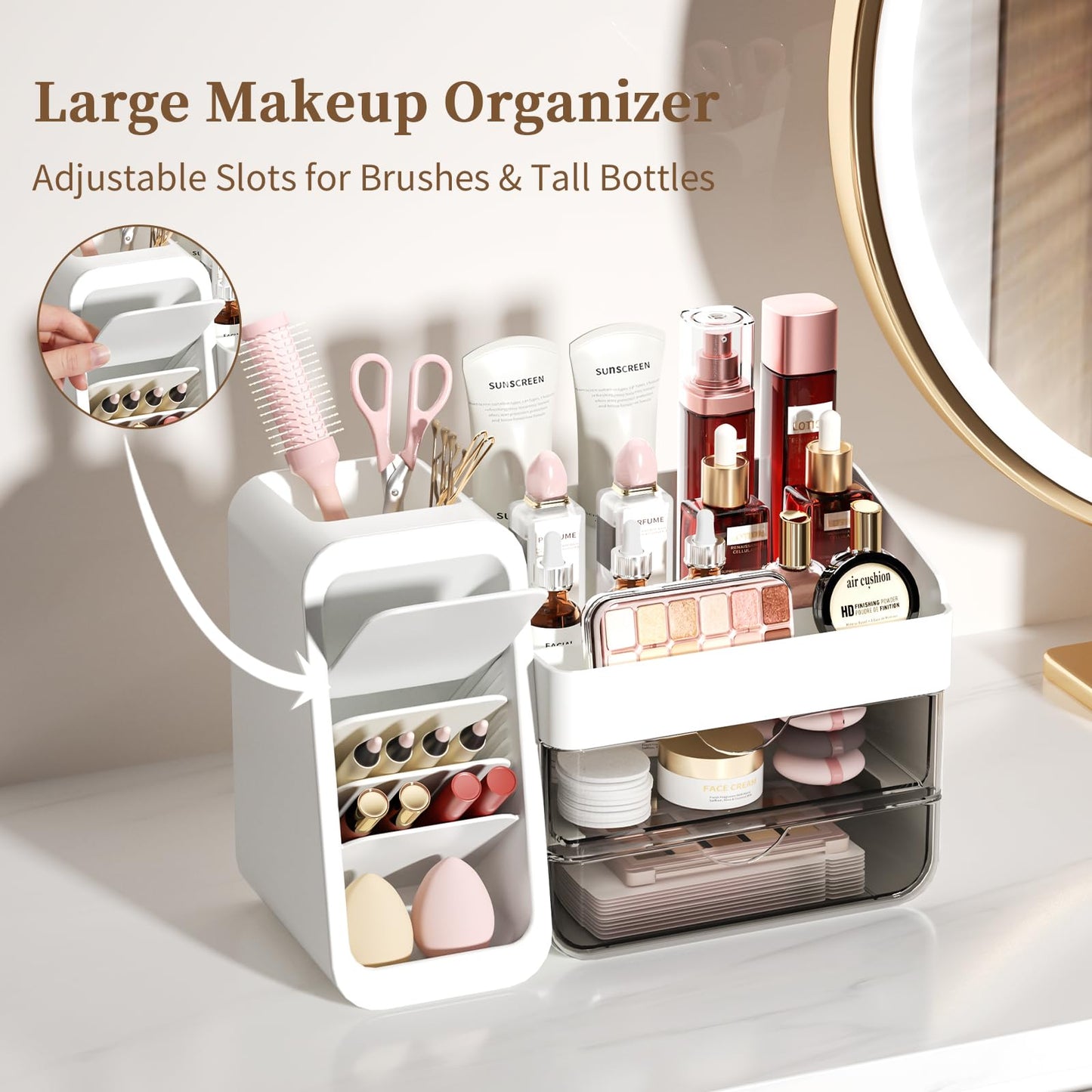 Makeup Organizer for Vanity with 5 Adjustable Dividers & 2 Clear Drawers, Large Make Up Brush & Perfume Holder, Cosmetic Display Cases Skincare Storage for Bathroom Countertop, Office Desktop, Pantry
