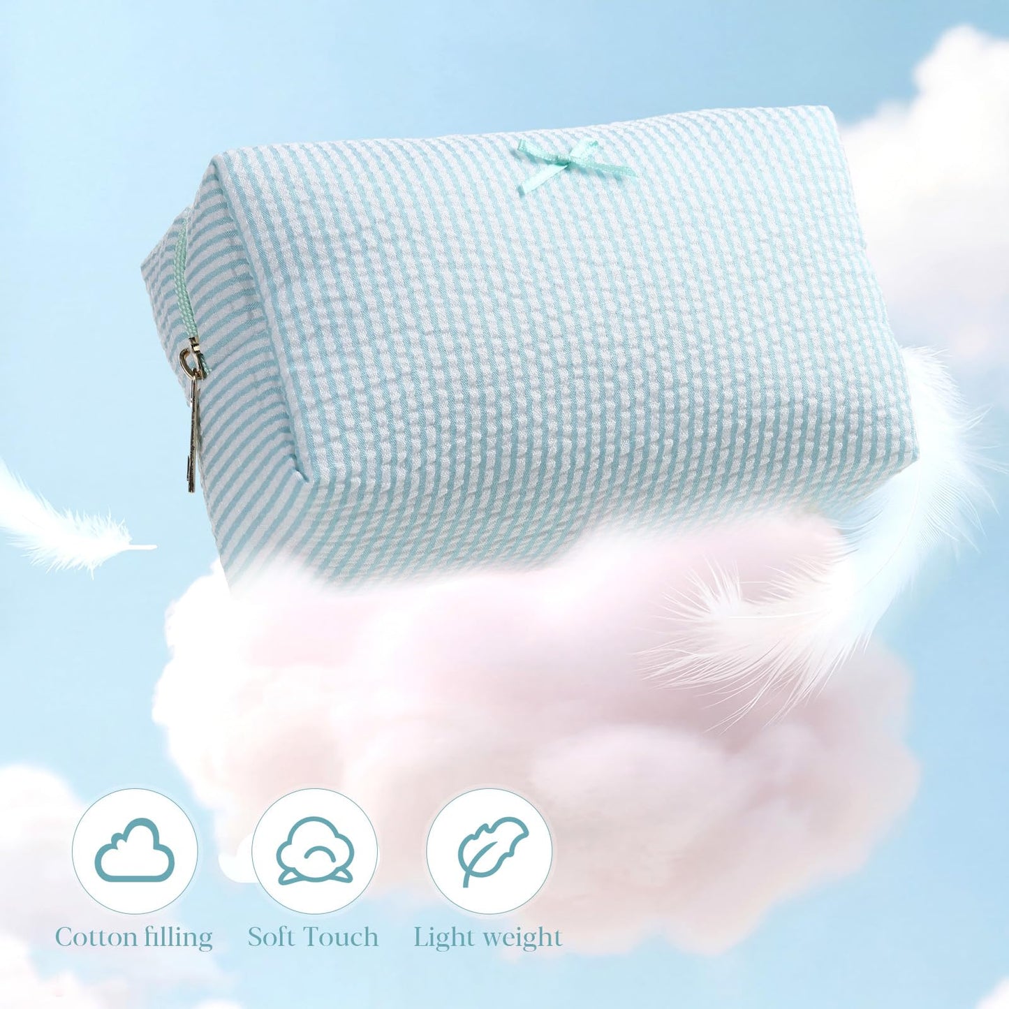 Sanwuta 8 Pcs Cozy Seersucker Cosmetic Bag Blue Stripe Makeup Bag Aesthetic Travel Zipper Cosmetic Pouch Large Cute Preppy Pouch for Spa Sleepover Birthday Party Galentines Day Bridesmaid Gift