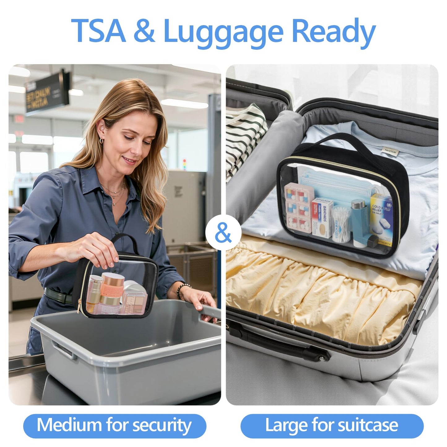 PACKISM Clear Makeup Bag Combo Pack, 1 TSA Approved Medium & Large for Checked Luggage, Clear Toiletry Bag with Handle, Water-resistant Travel Essentials Organizer, Black
