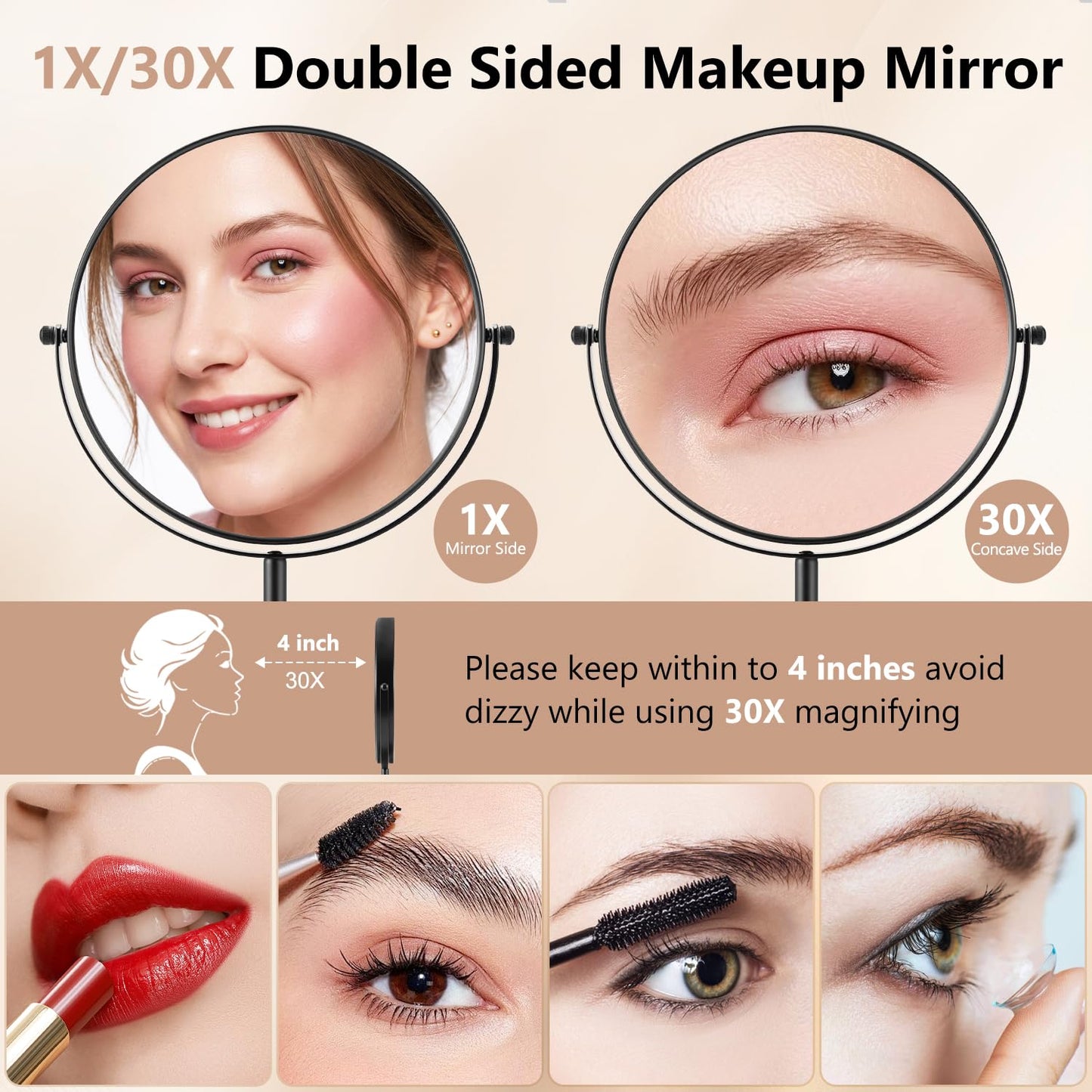 DECLUTTR 30X Magnifying Makeup Mirror, 8 Inch Tabletop Mirror with Stand, Double-Sided Metal Vanity Mirror for Bathroom, Black