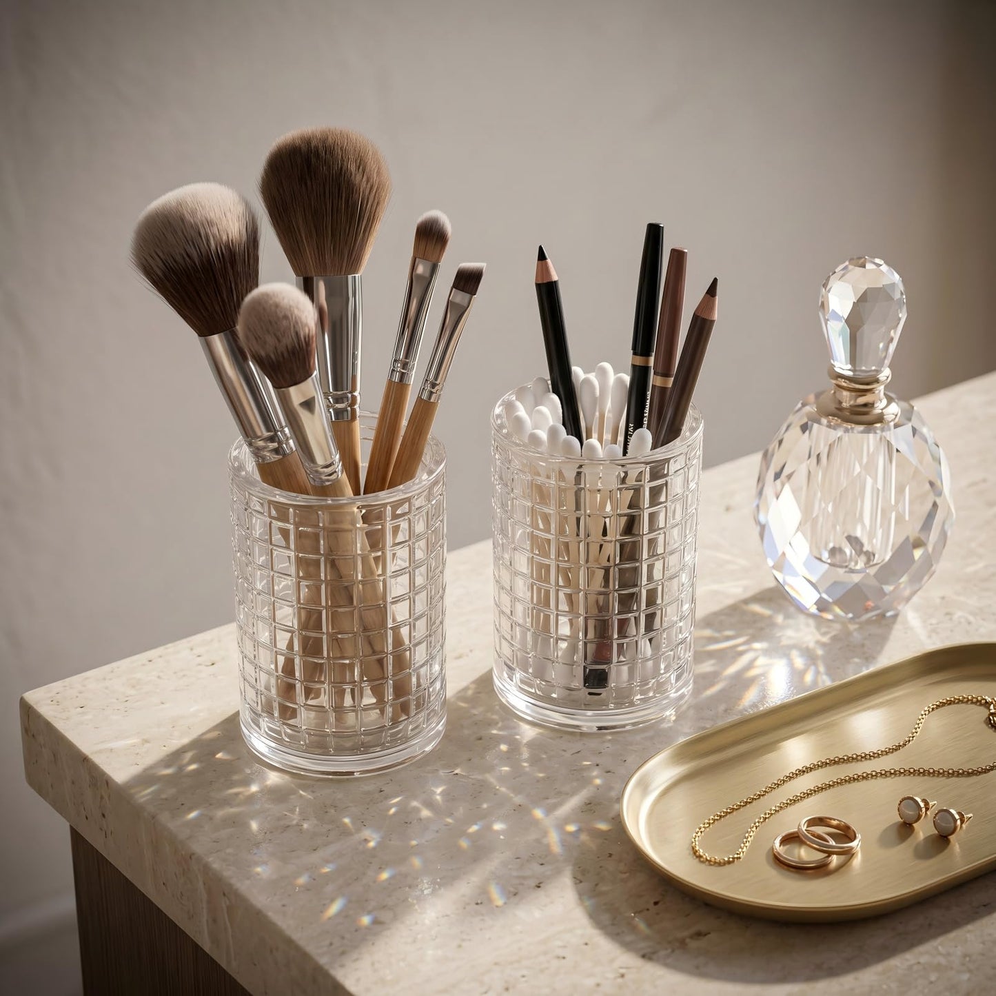 Makeup Brush Holder Organizer, Grid Pattern Glass Storage Box Container, Multifunctional Toothbrush Desk Pen Pencil Holder for Crystal Home Decor, Table Centerpiece, Wedding, Party(Clear 2 Pack)