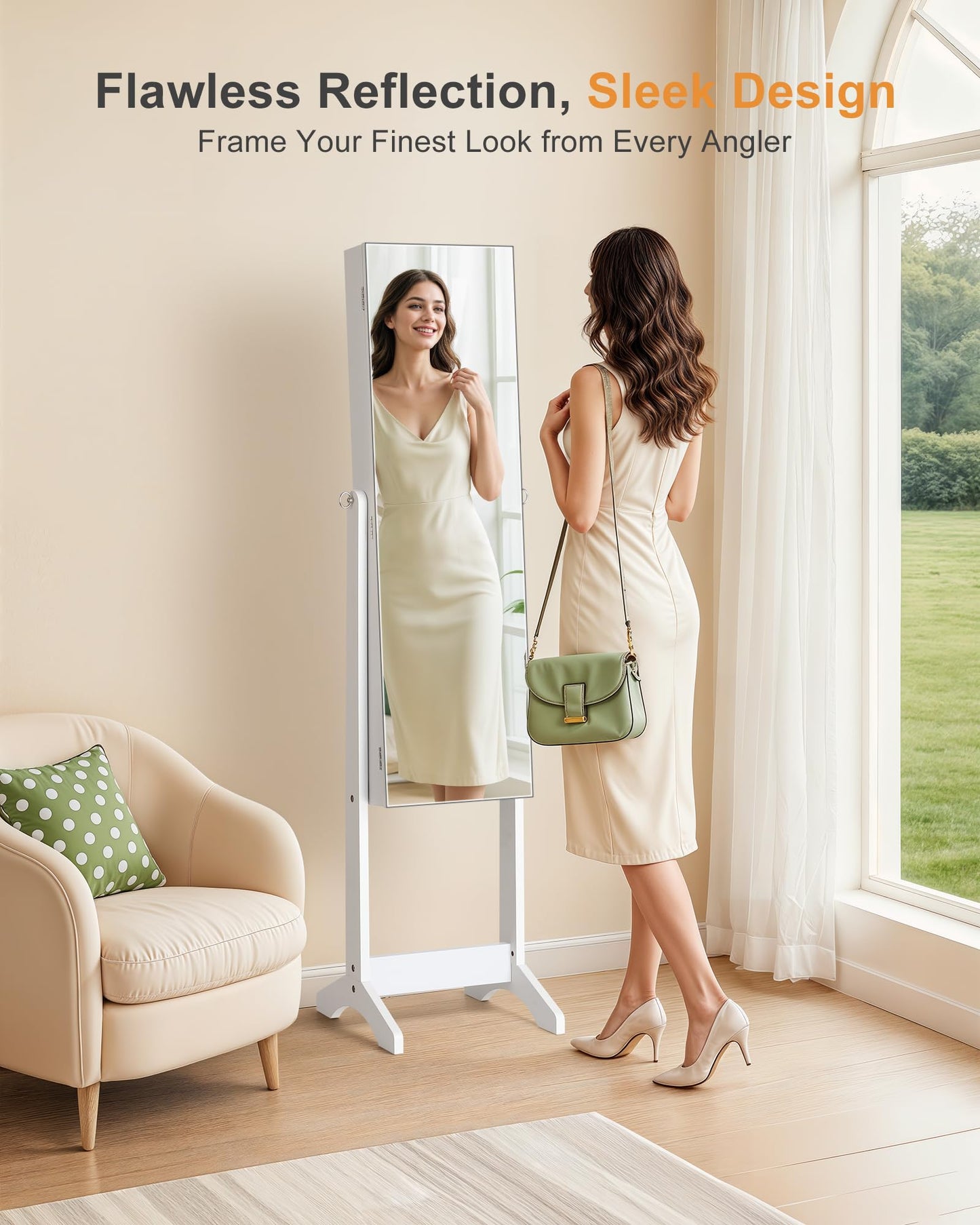 Nicetree Jewelry Cabinet Armoire, Freestanding Jewelry Armoire Organizer with Full-Length Mirror, Lockable Jewelry Storage Cabinet, Frameless Mirror, 3 Adjustable Angles, Moon White