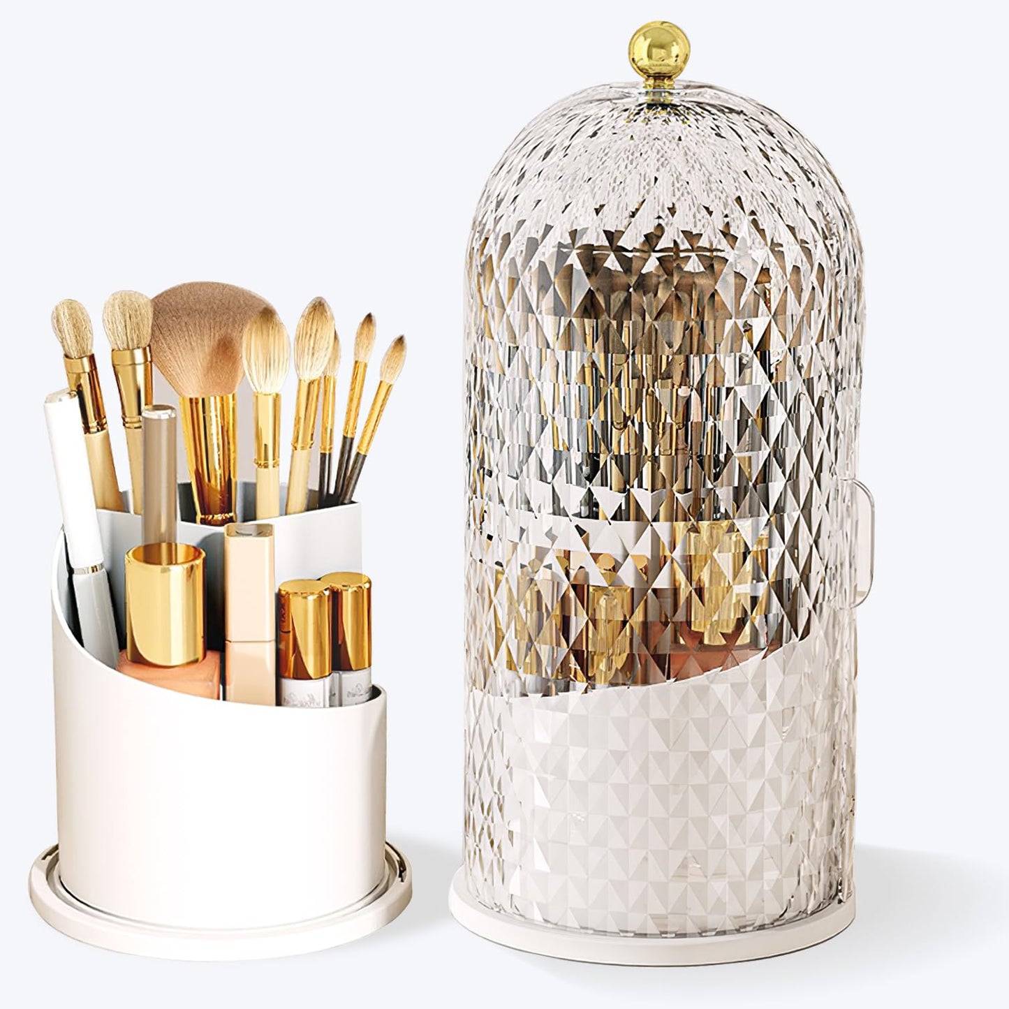 JIANGLAI Makeup Brush Holder with Lid, 360 Rotating Multifunction Clear Dustproof Skincare Cosmetic Tools Storage Organizer for Vanity Desktop Bathroom Countertop (White)
