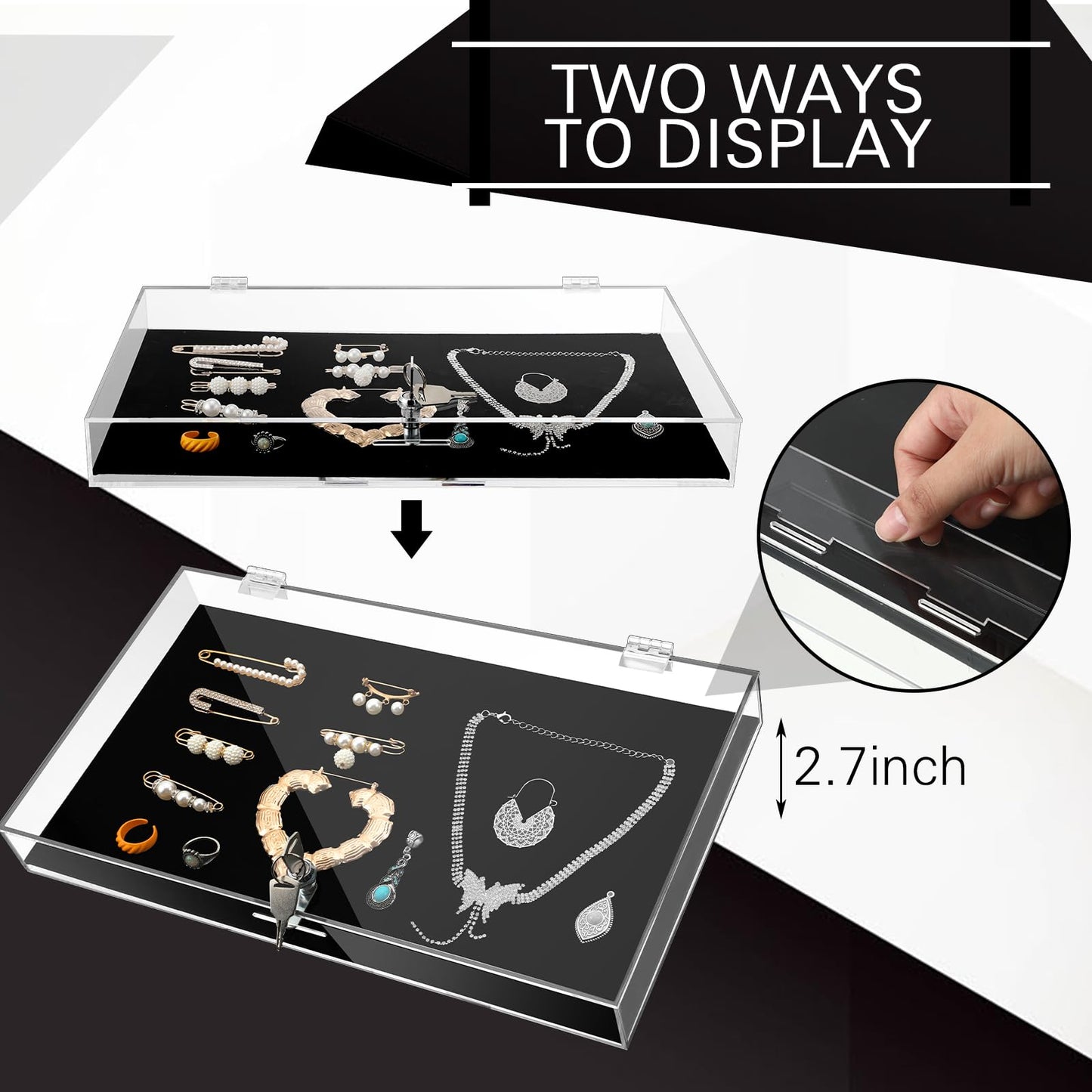 Huquary 2 Pcs Acrylic Locking Jewelry Display Case Clear Ring Earring Necklace Bracelet Security Showcase with Lock and Key for Trade Show Retail Display