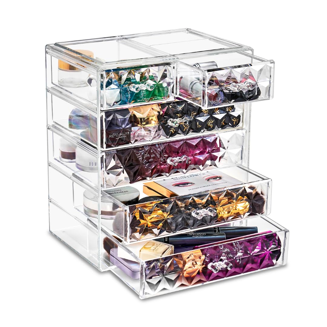 Sorbus Acrylic Makeup Organizer Set, 6-Drawer Vanity & Countertop Cosmetic Storage with Small & Wide Drawers, Diamond Makeup Storage for Brushes, Lipsticks, Jewelry – Holiday Gift for Women & Teens