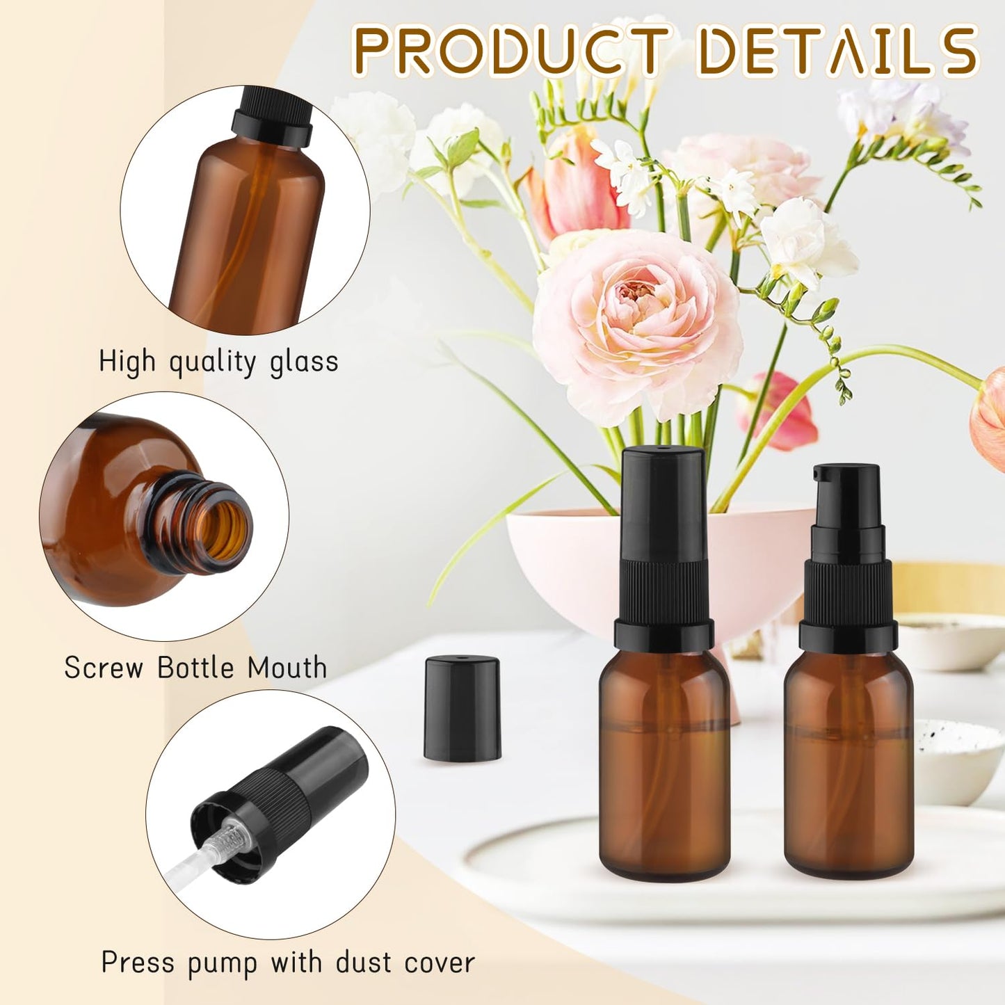 10 Pack Empty Amber Glass Pump Bottles Refillable Cream Lotion Bottles Travel Cosmetic Dispenser Bottle for Sample,Liton,Cream,Liquids Aromatherapy and More (15ml/0.5oz)
