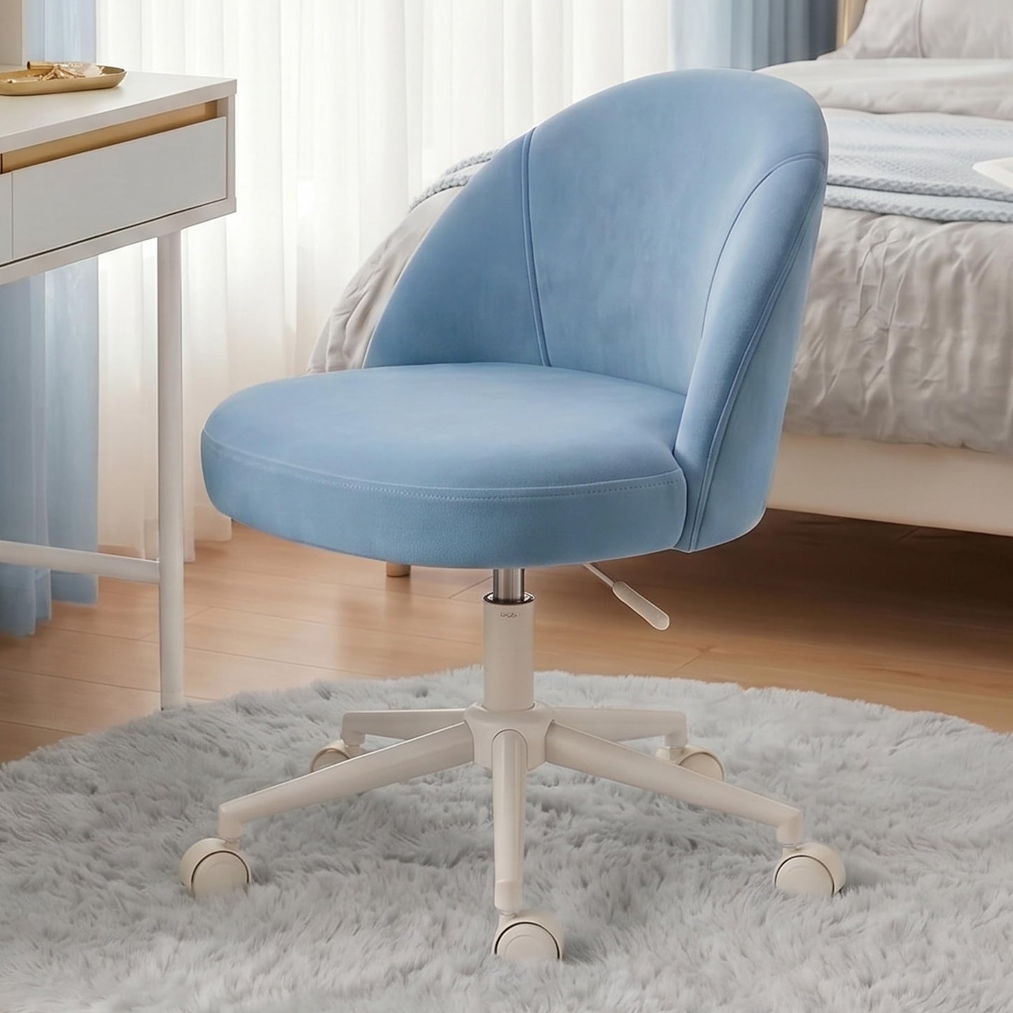 EnHomee Velvet Vanity Chair with Wheels, Armless, Height Adjustable, Blue